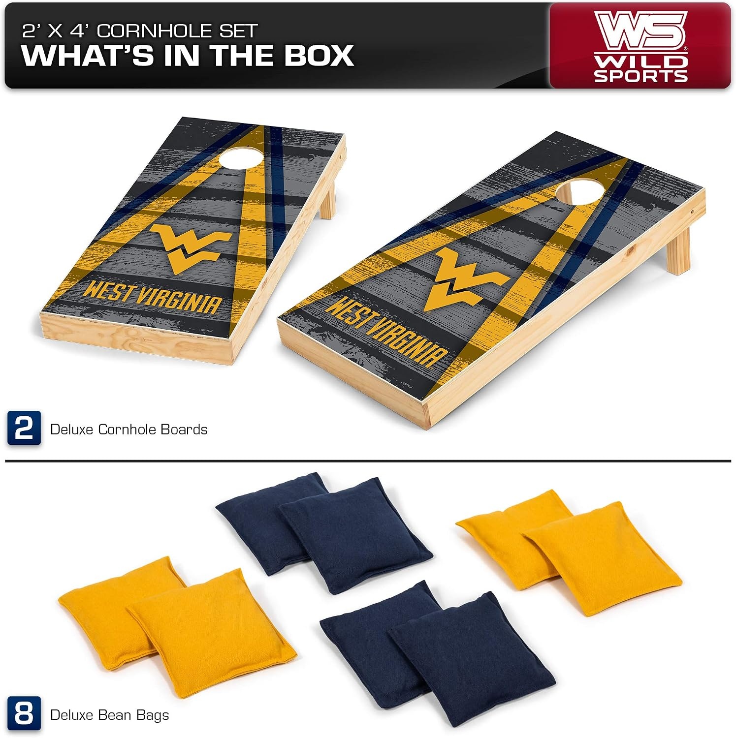 NCAA College 2′ x 4′ Wood Direct Print Tournament Cornhole Set by Wild Sports, 8 Bean Bags, Vintage Triange Design – Tailgate, Outdoor, Backyard(West Virginia Mountaineers)