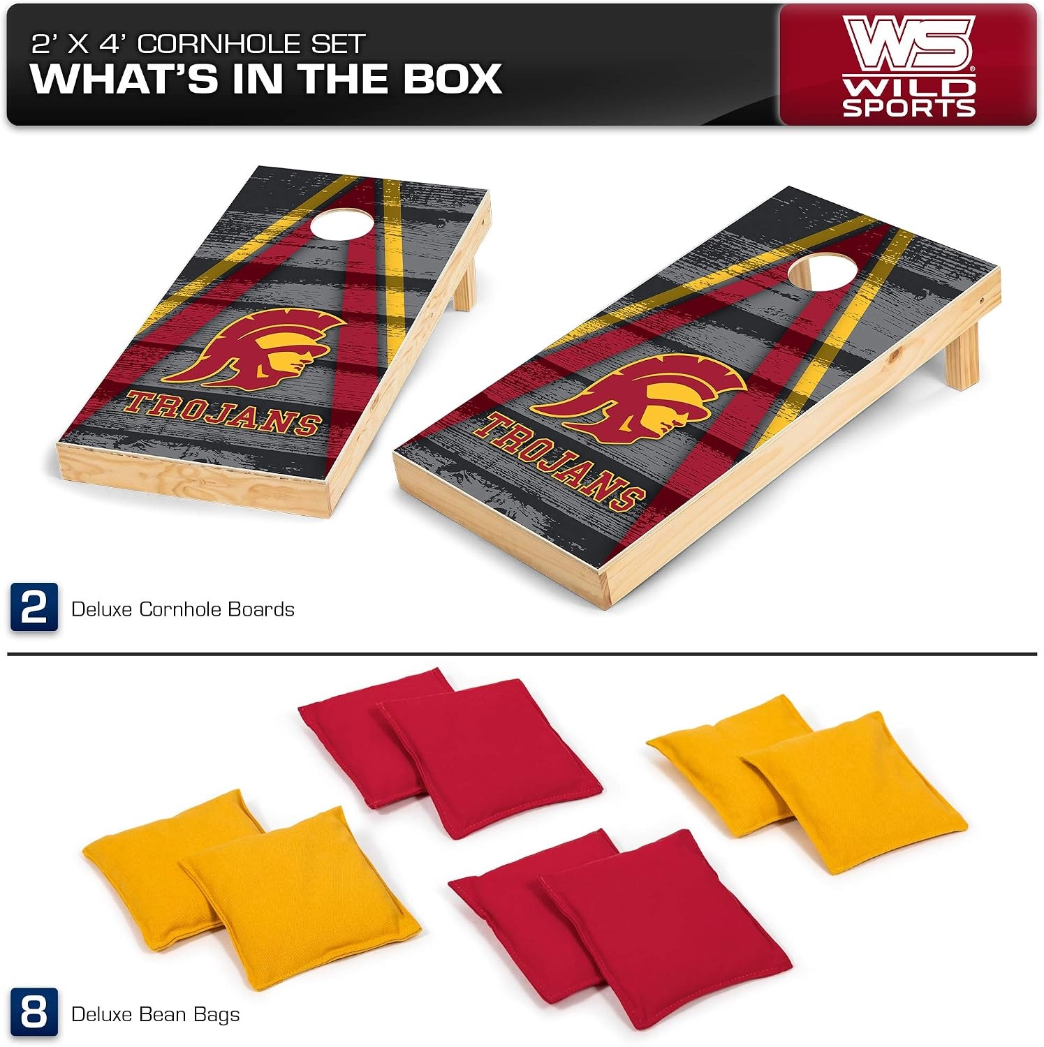 NCAA College 2′ x 4′ Wood Direct Print Tournament Cornhole Set by Wild Sports, 8 Bean Bags, Vintage Triange Design – Tailgate, Outdoor, Backyard(USC Trojans)