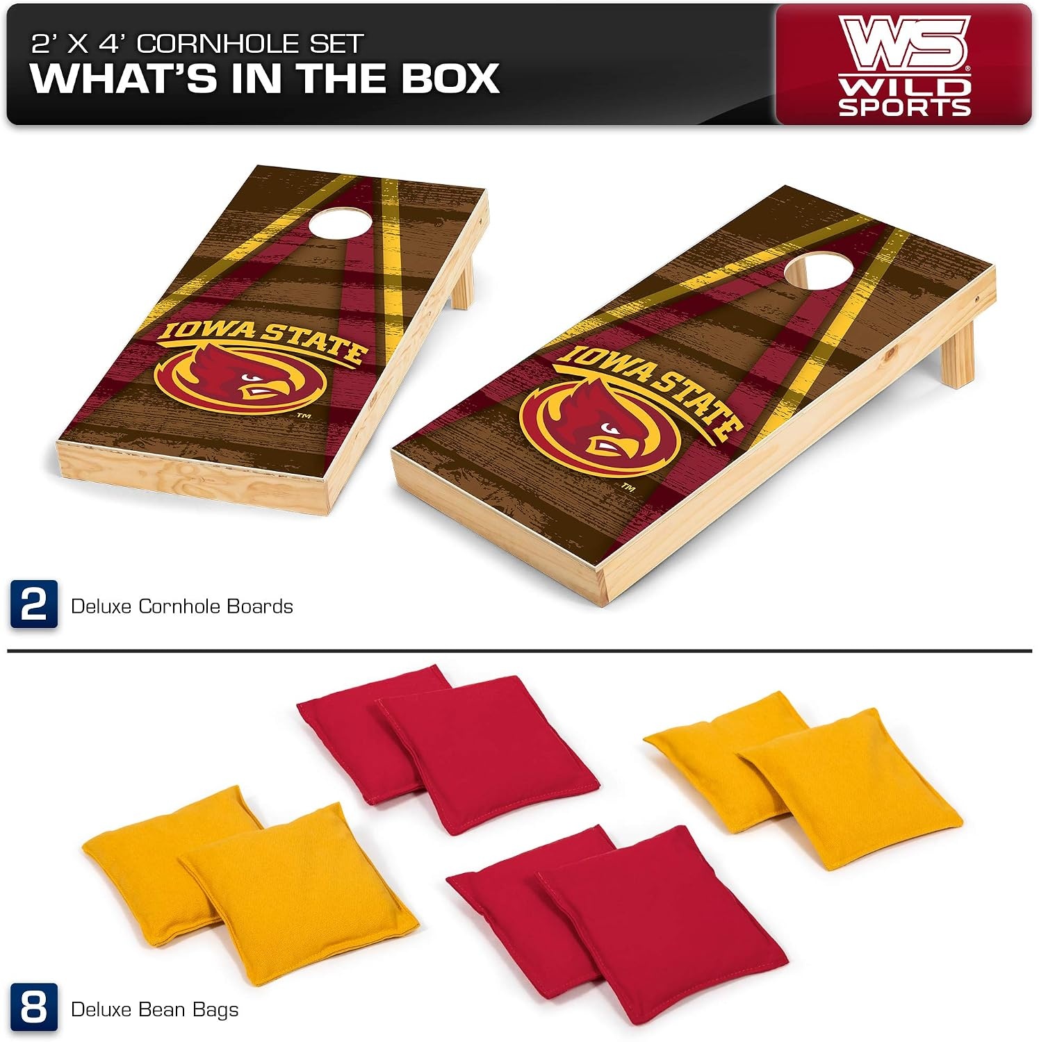 NCAA College 2′ x 4′ Wood Direct Print Tournament Cornhole Set by Wild Sports, 8 Bean Bags, Vintage Triange Design – Tailgate, Outdoor, Backyard(Iowa State Cyclones)
