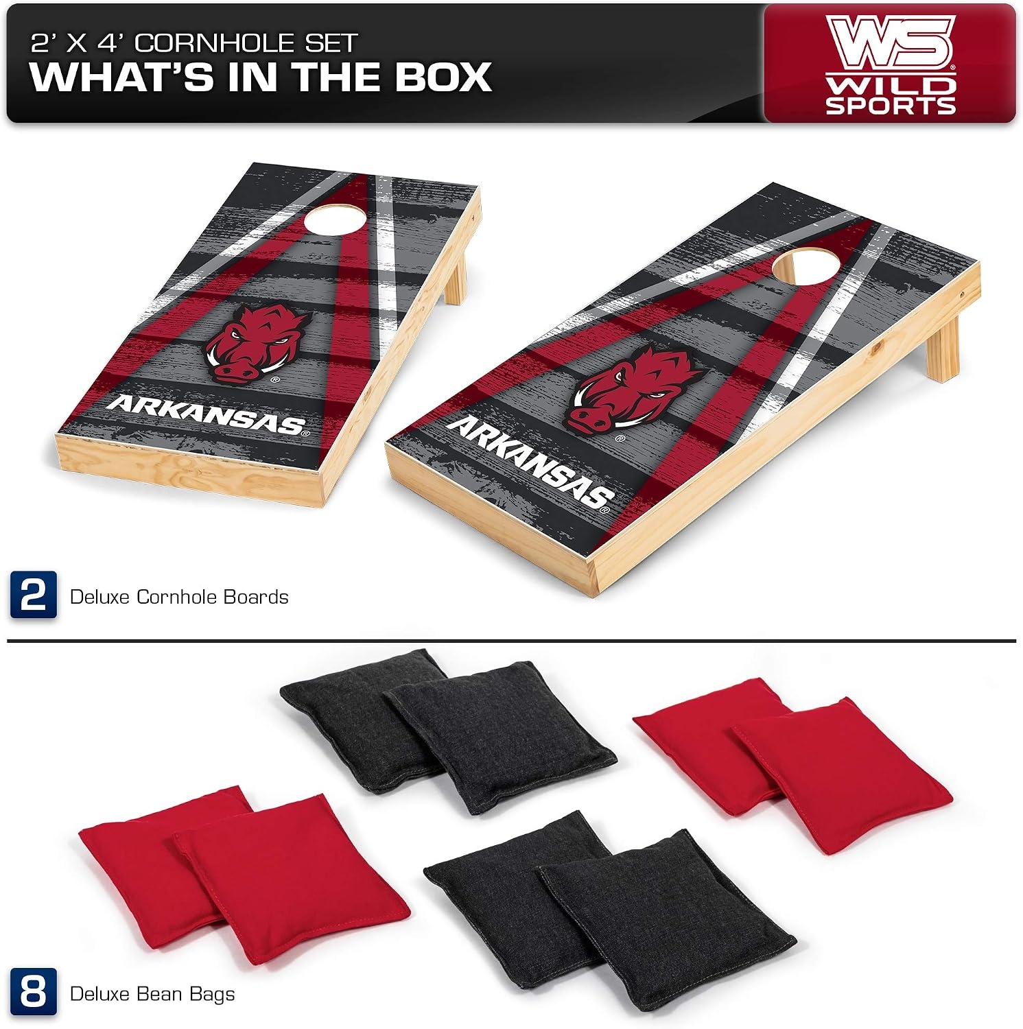 NCAA College 2′ x 4′ Wood Direct Print Tournament Cornhole Set by Wild Sports, 8 Bean Bags, Vintage Triange Design – Tailgate, Outdoor, Backyard(Arkansas Razorbacks)