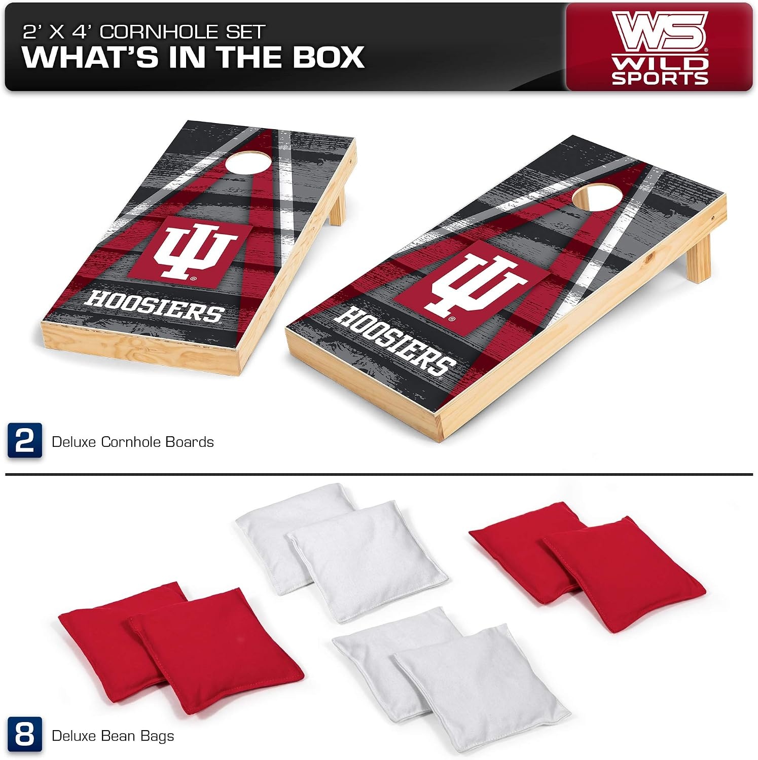 NCAA College 2′ x 4′ Wood Direct Print Tournament Cornhole Set by Wild Sports, 8 Bean Bags, Vintage Triange Design – Tailgate, Outdoor, Backyard(Indiana Hoosiers)