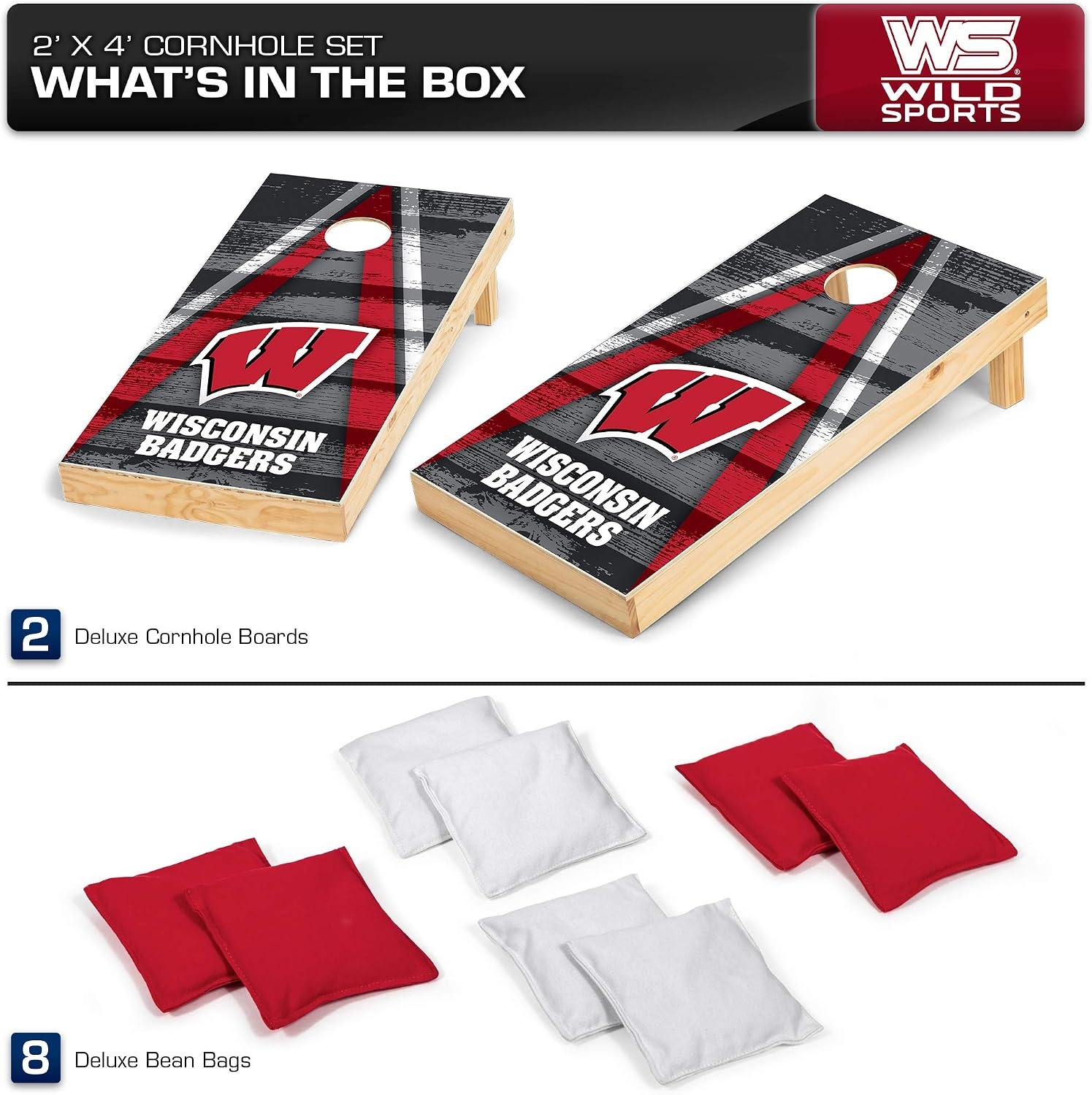 NCAA College 2′ x 4′ Wood Direct Print Tournament Cornhole Set by Wild Sports, 8 Bean Bags, Vintage Triange Design – Tailgate, Outdoor, Backyard(Wisconsin Badgers)