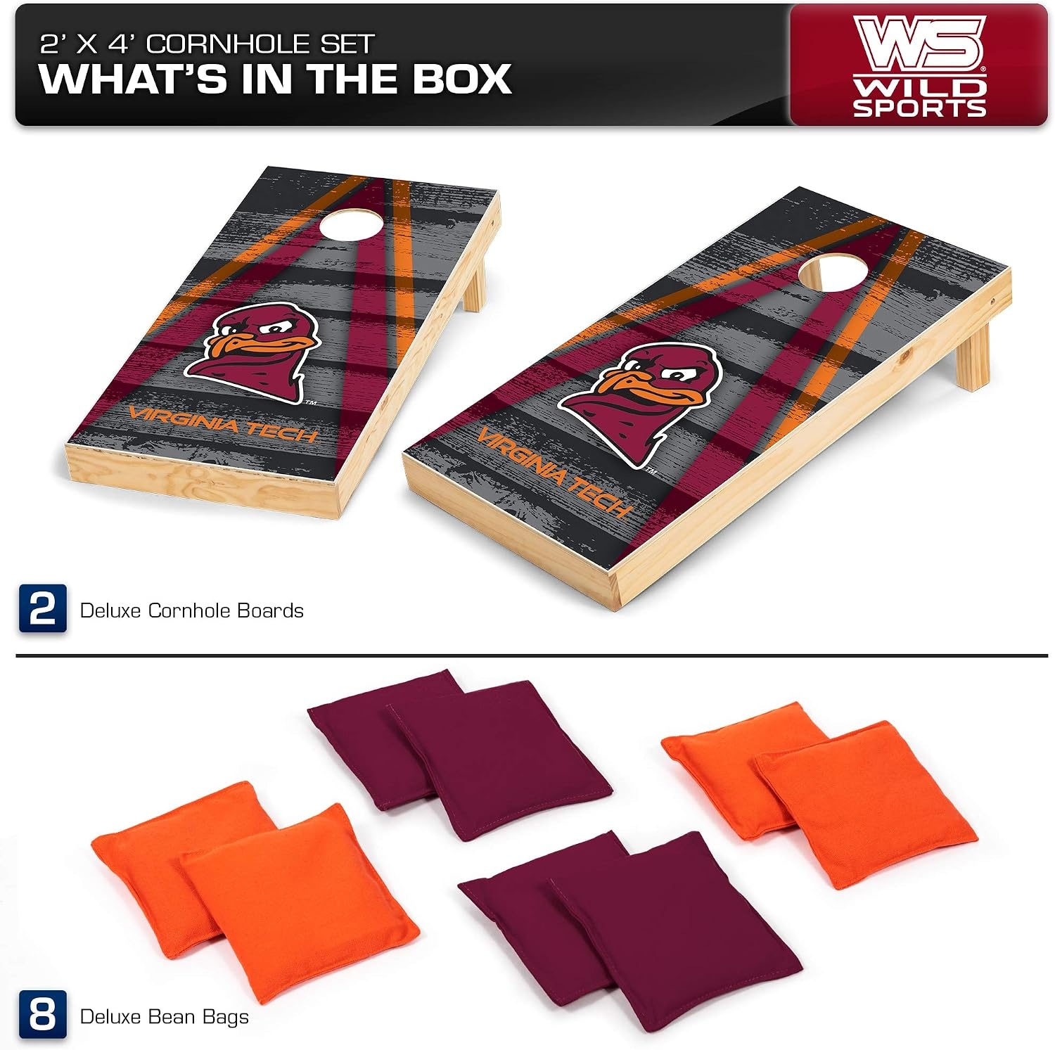 NCAA College 2′ x 4′ Wood Direct Print Tournament Cornhole Set by Wild Sports, 8 Bean Bags, Vintage Triange Design – Tailgate, Outdoor, Backyard(Virginia Tech Hokies)