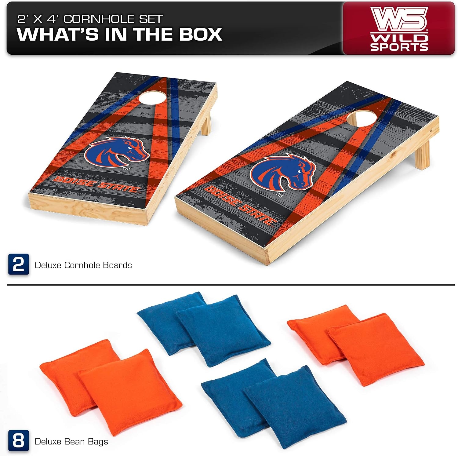 NCAA College 2′ x 4′ Wood Direct Print Tournament Cornhole Set by Wild Sports, 8 Bean Bags, Vintage Triange Design – Tailgate, Outdoor, Backyard(Boise State Broncos)
