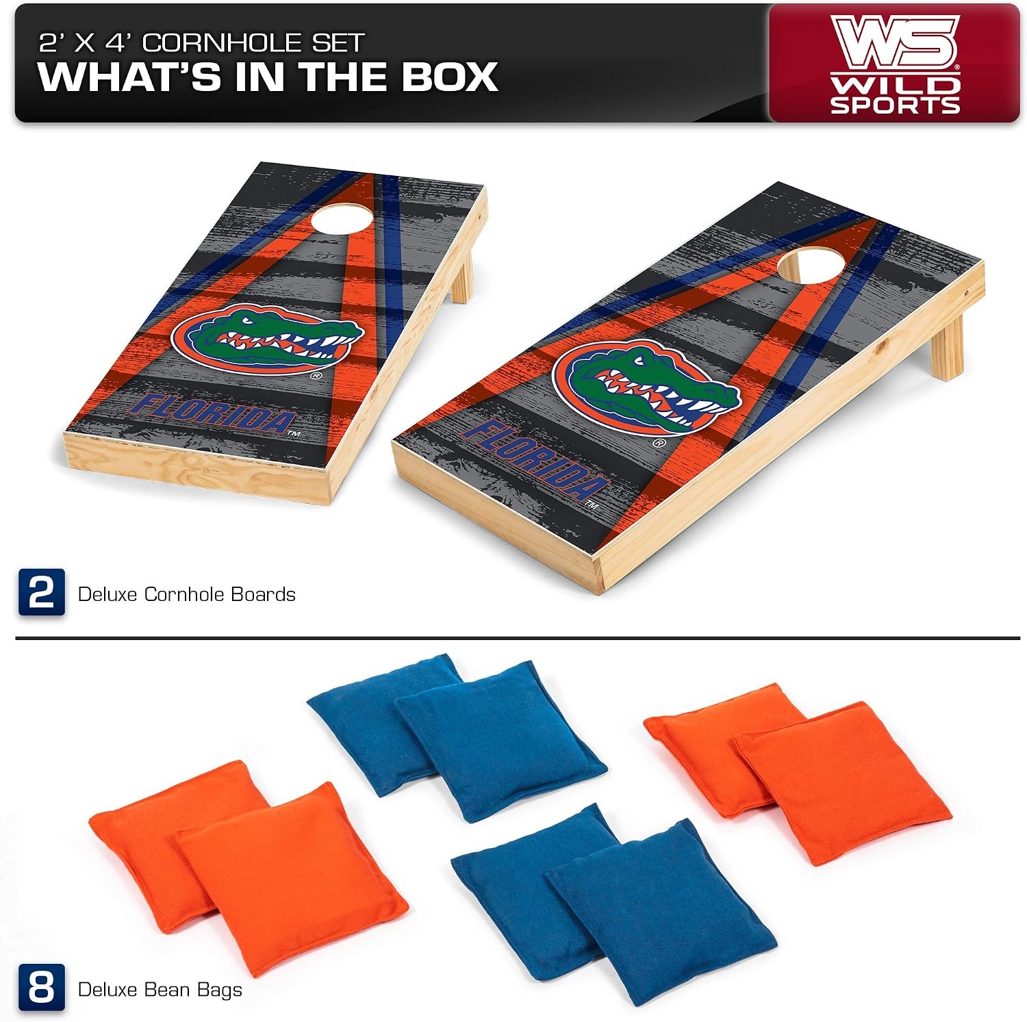 NCAA College 2′ x 4′ Wood Direct Print Tournament Cornhole Set by Wild Sports, 8 Bean Bags, Vintage Triange Design – Tailgate, Outdoor, Backyard(Florida Gators)