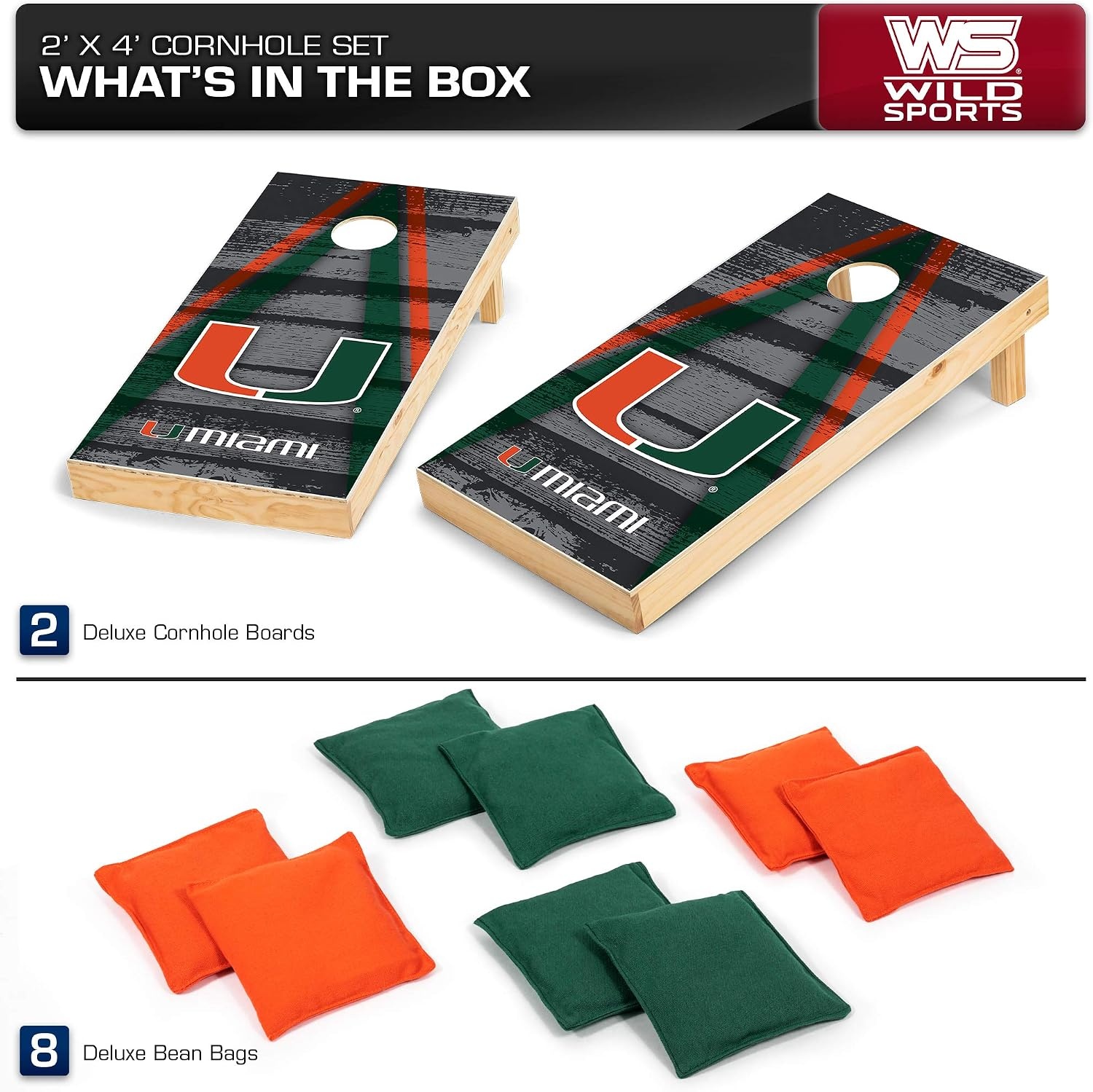 NCAA College 2′ x 4′ Wood Direct Print Tournament Cornhole Set by Wild Sports, 8 Bean Bags, Vintage Triange Design – Tailgate, Outdoor, Backyard(Miami Hurricanes)