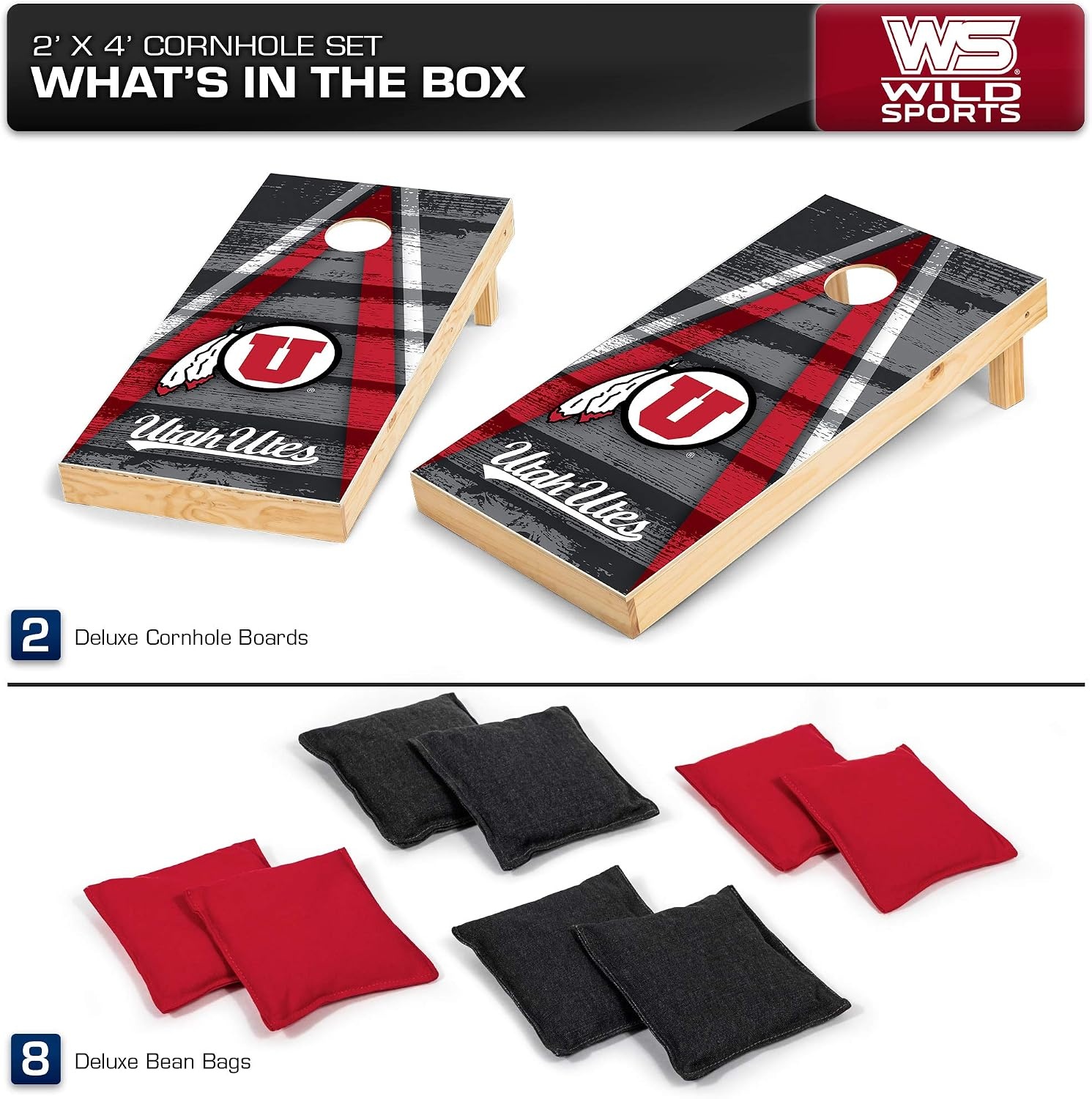 NCAA College 2′ x 4′ Wood Direct Print Tournament Cornhole Set by Wild Sports, 8 Bean Bags, Vintage Triange Design – Tailgate, Outdoor, Backyard(Utah Utes)