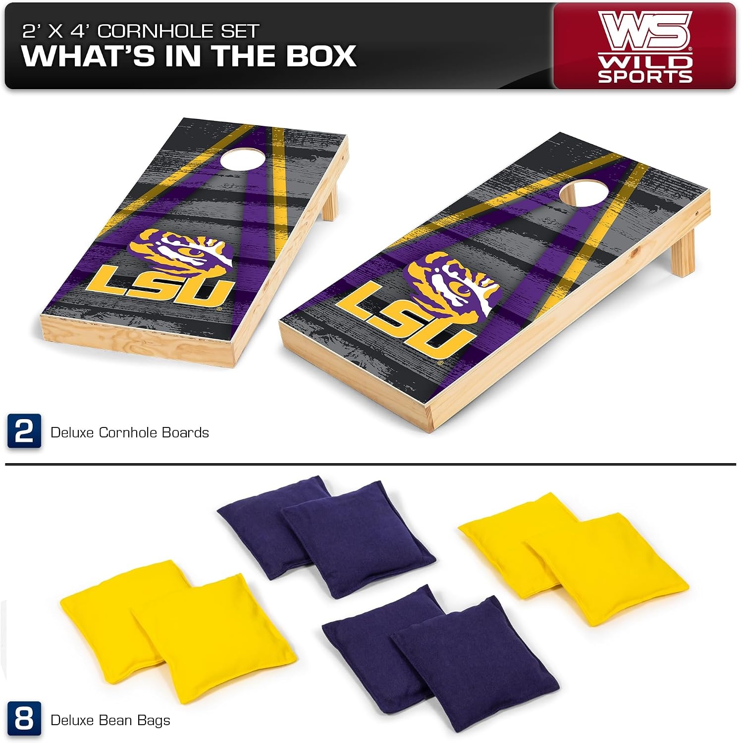 NCAA College 2′ x 4′ Wood Direct Print Tournament Cornhole Set by Wild Sports, 8 Bean Bags, Vintage Triange Design – Tailgate, Outdoor, Backyard(LSU Tigers)