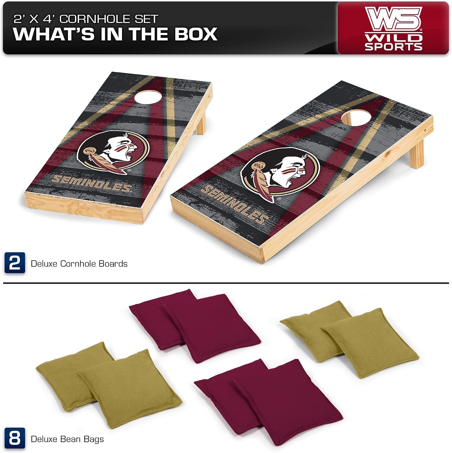 NCAA College 2′ x 4′ Wood Direct Print Tournament Cornhole Set by Wild Sports, 8 Bean Bags, Vintage Triange Design – Tailgate, Outdoor, Backyard(Florida State Seminoles)