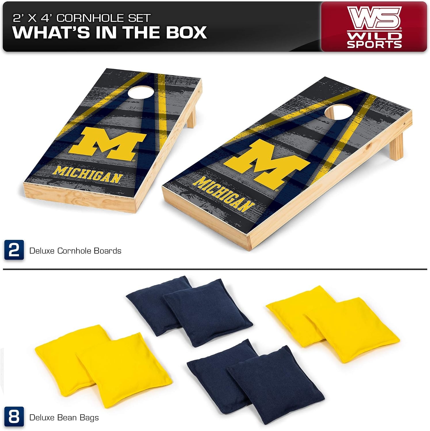 NCAA College 2′ x 4′ Wood Direct Print Tournament Cornhole Set by Wild Sports, 8 Bean Bags, Vintage Triange Design – Tailgate, Outdoor, Backyard(Michigan Wolverines)