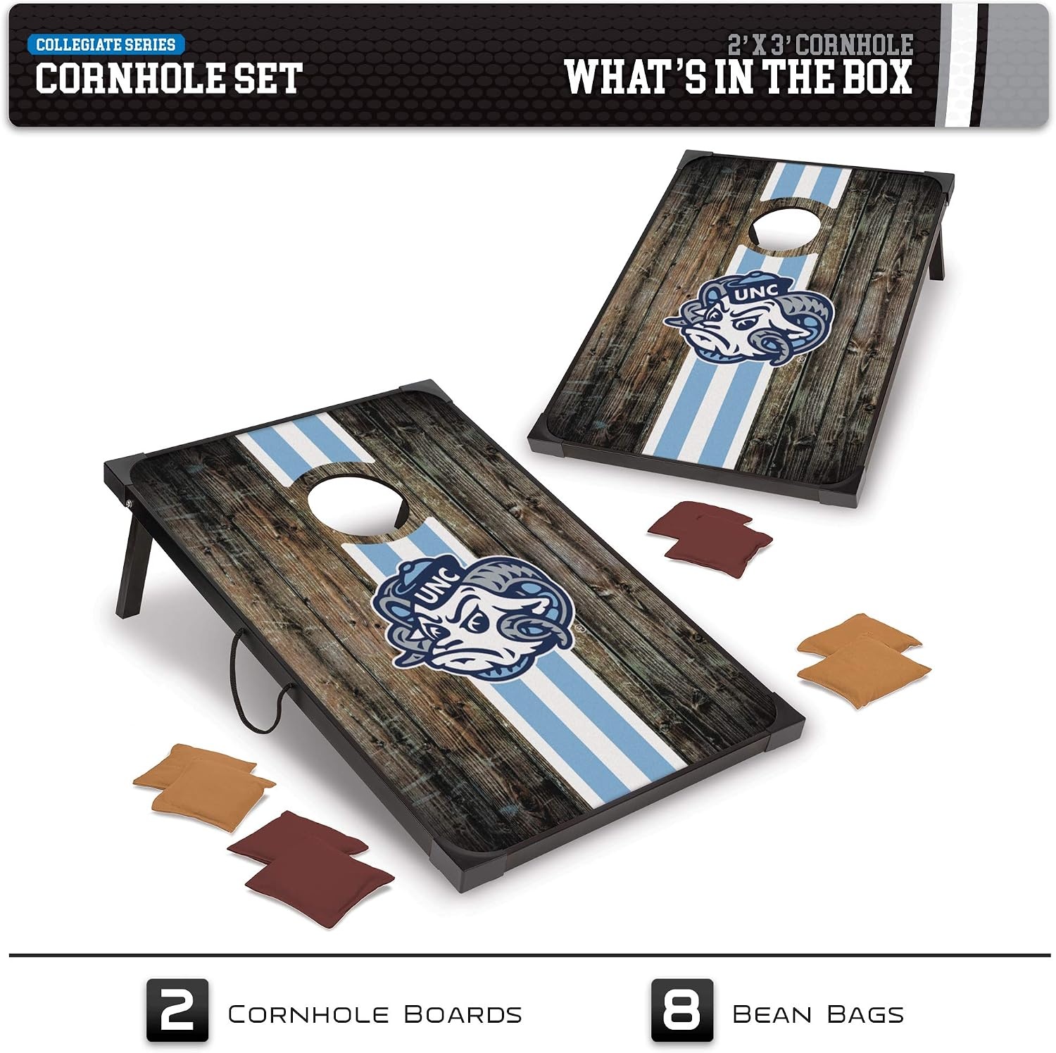 Wild Sports NCAA 2′ x 3′ MDF Deluxe Cornhole Set – with Corners and Aprons(North Carolina Tar Heels)