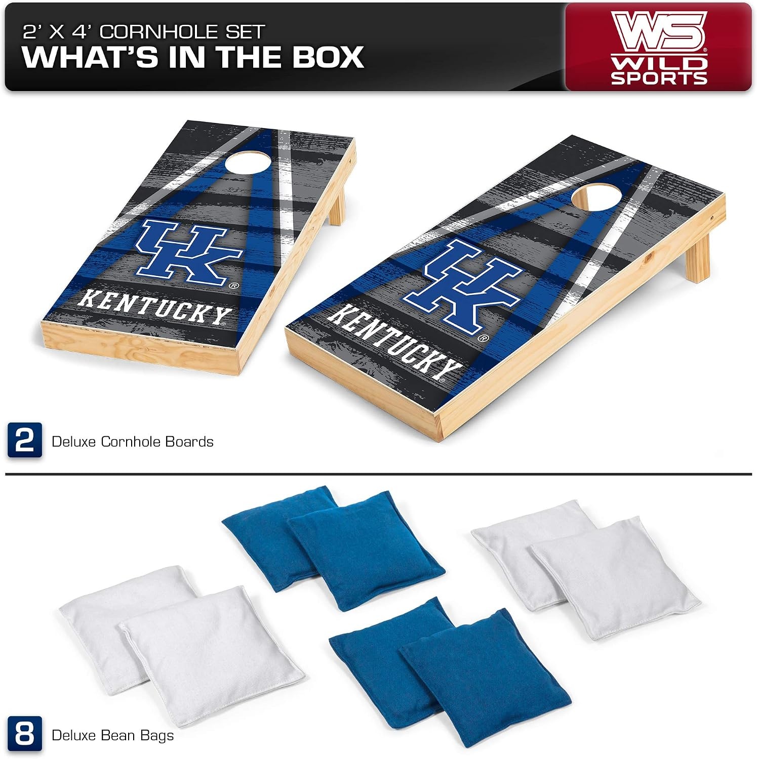 NCAA College 2′ x 4′ Wood Direct Print Tournament Cornhole Set by Wild Sports, 8 Bean Bags, Vintage Triange Design – Tailgate, Outdoor, Backyard(Kentucky Wildcats)