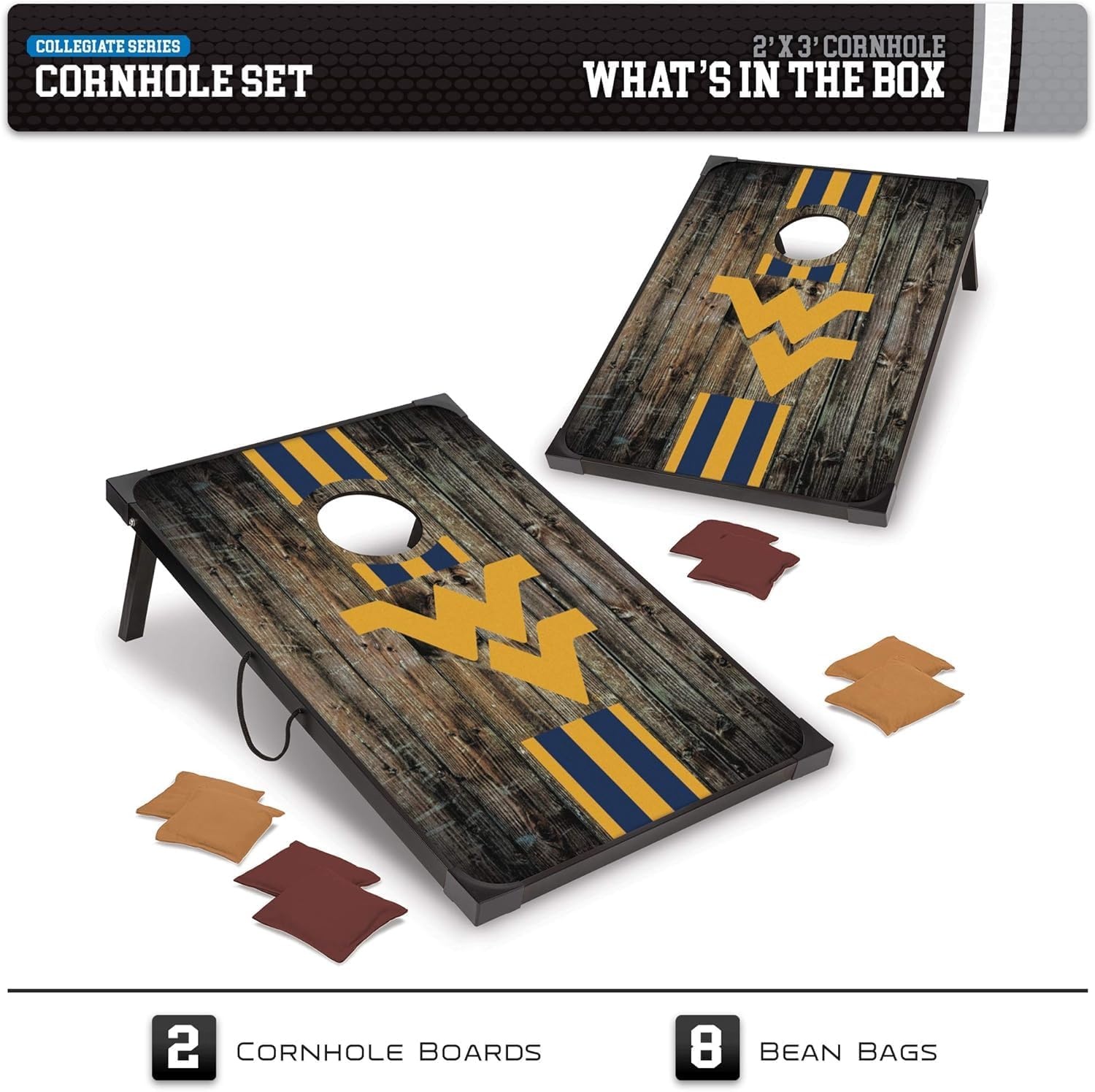 Wild Sports NCAA 2′ x 3′ MDF Deluxe Cornhole Set – with Corners and Aprons(West Virginia Mountaineers)
