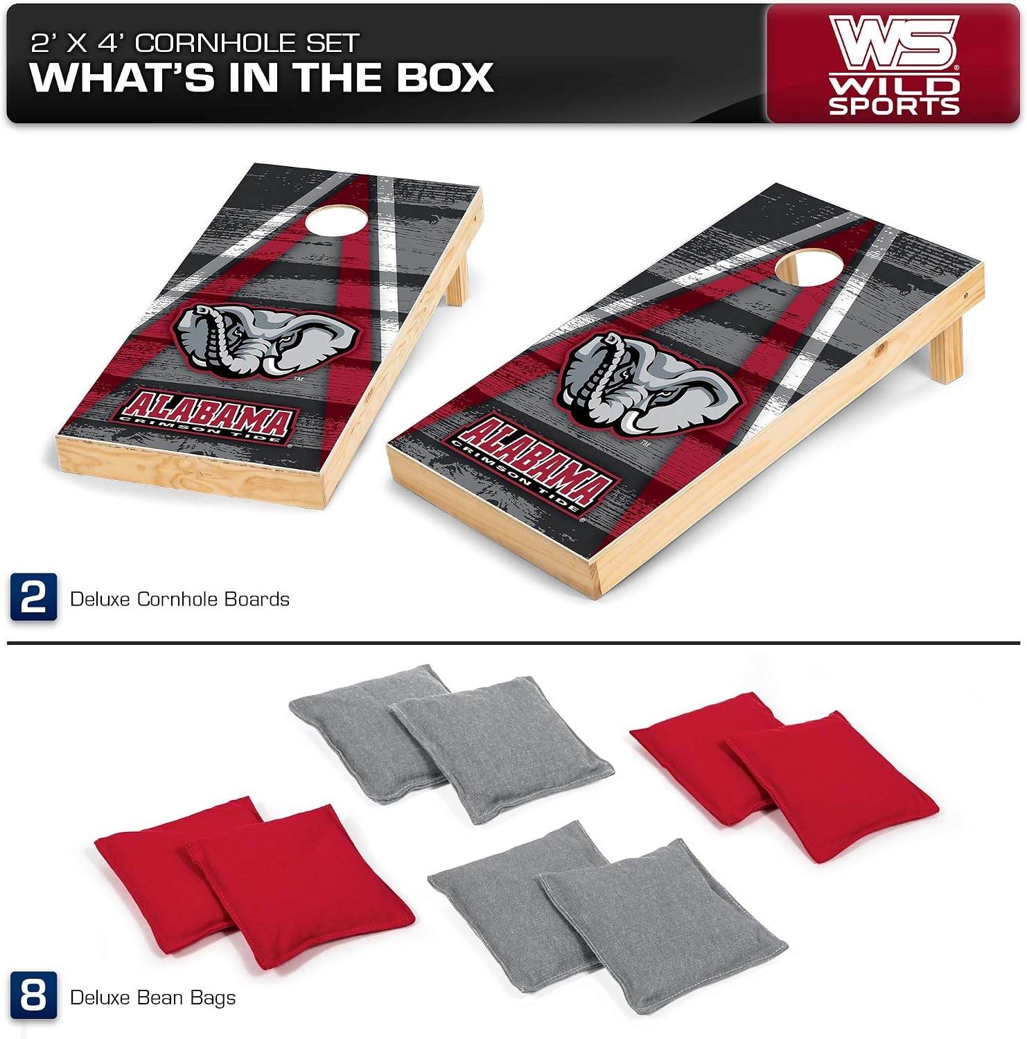 NCAA College 2′ x 4′ Wood Direct Print Tournament Cornhole Set by Wild Sports, 8 Bean Bags, Vintage Triange Design – Tailgate, Outdoor, Backyard(Alabama Crimson Tide)