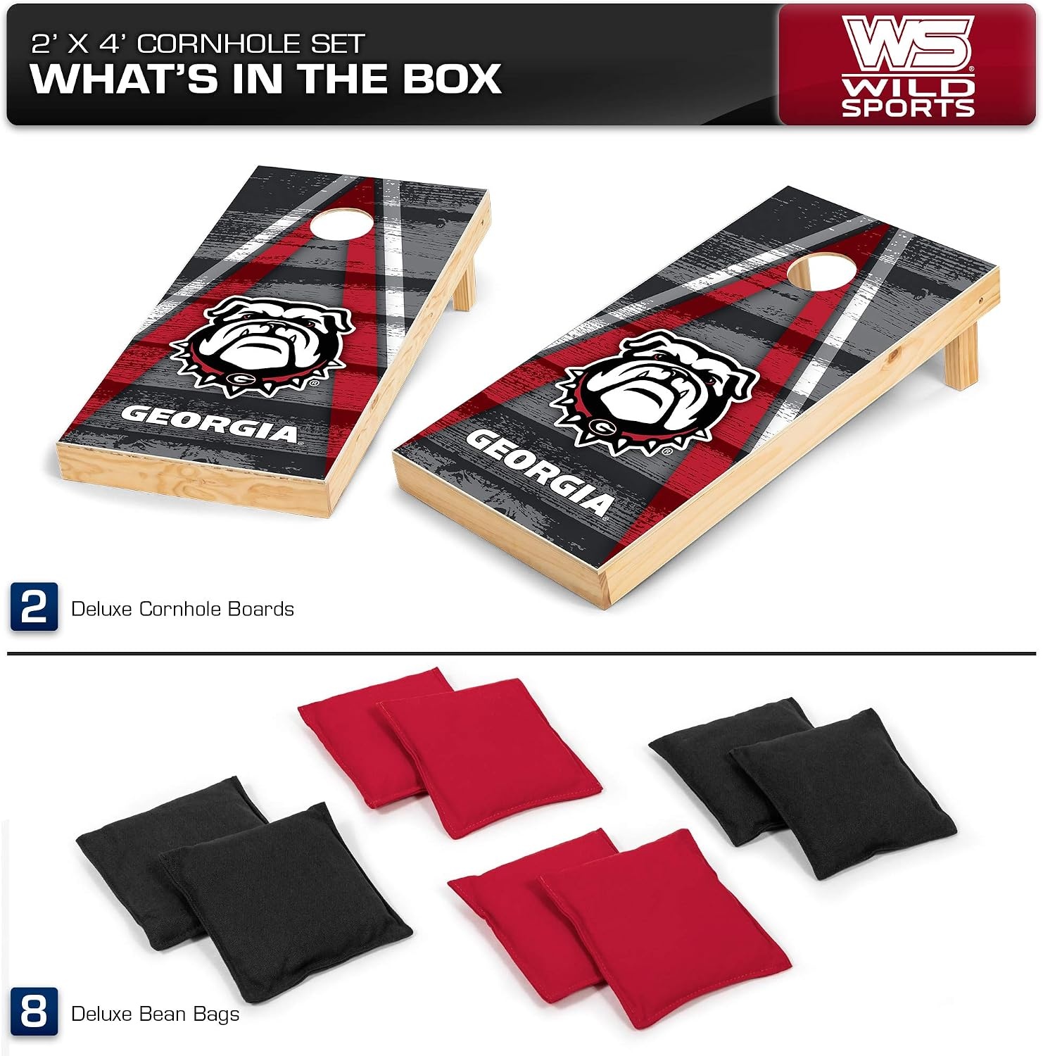 NCAA College 2′ x 4′ Wood Direct Print Tournament Cornhole Set by Wild Sports, 8 Bean Bags, Vintage Triange Design – Tailgate, Outdoor, Backyard(Georgia Bulldogs)