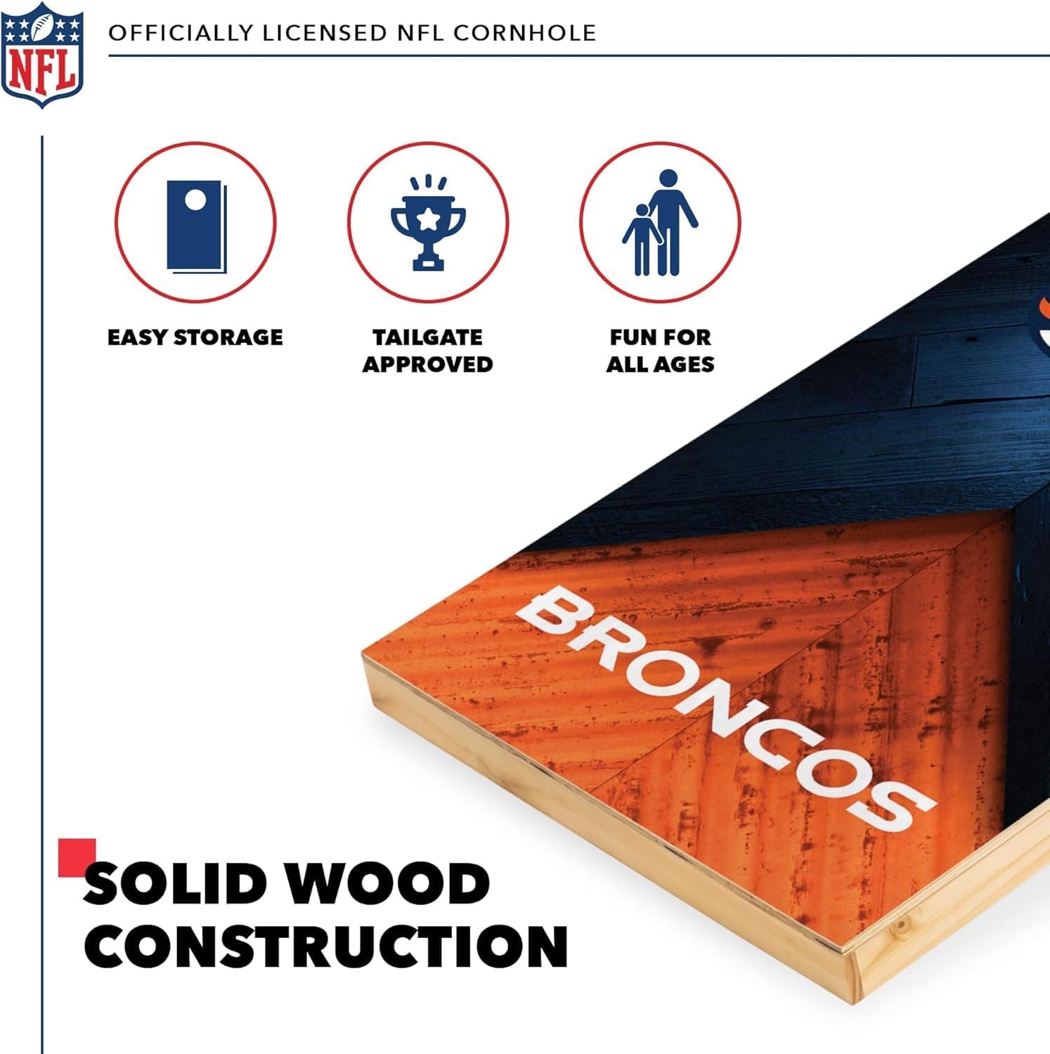 NFL Football 2′ x 4′ Regulation Size Solid Wood Cornhole Set with Direct Print HD Team Graphics Great Gift for Any Football Fan  Bean Bag Toss Family Outdoor Game(Denver Broncos)