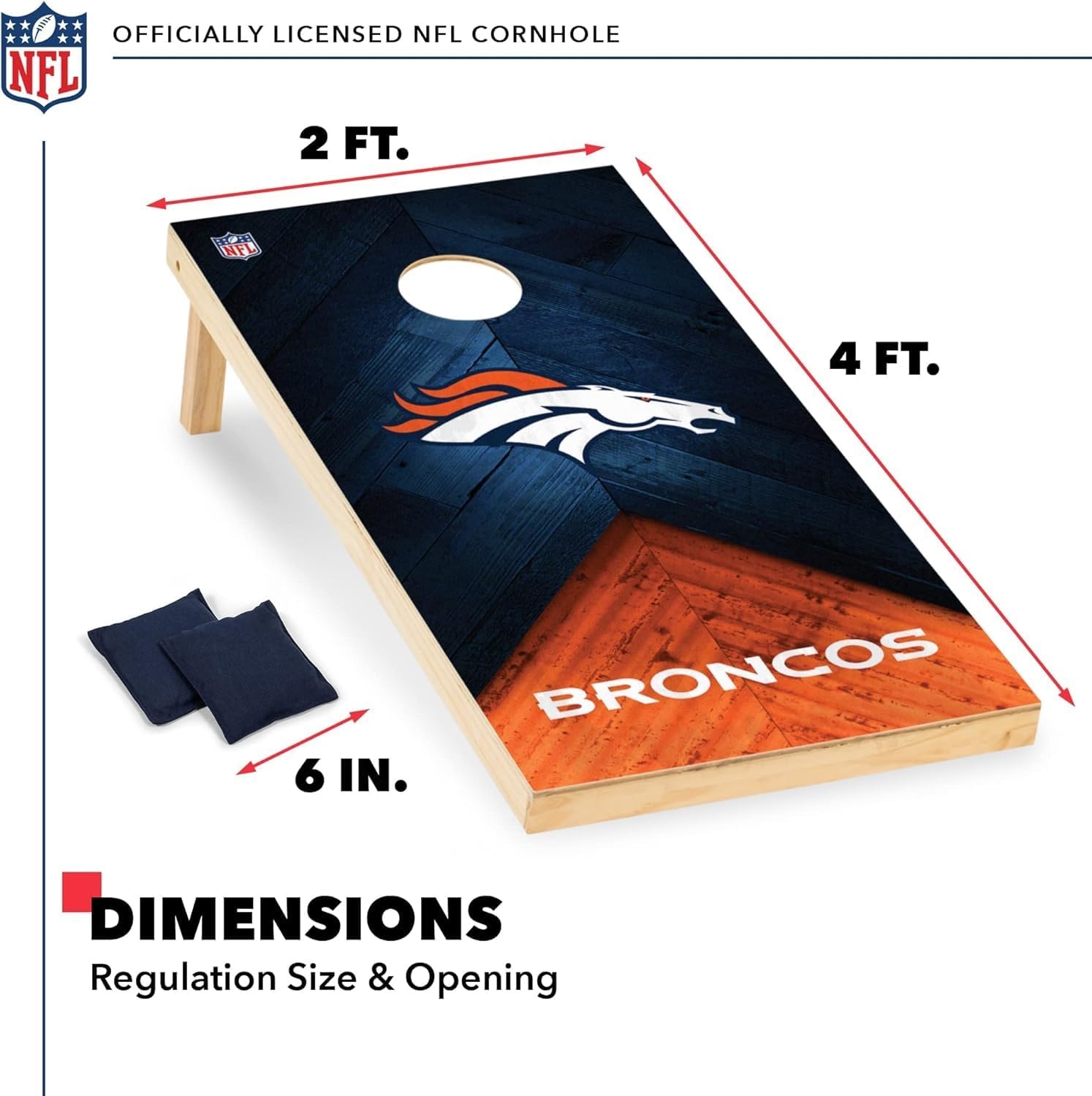 NFL Football 2′ x 4′ Regulation Size Solid Wood Cornhole Set with Direct Print HD Team Graphics Great Gift for Any Football Fan  Bean Bag Toss Family Outdoor Game(Denver Broncos)