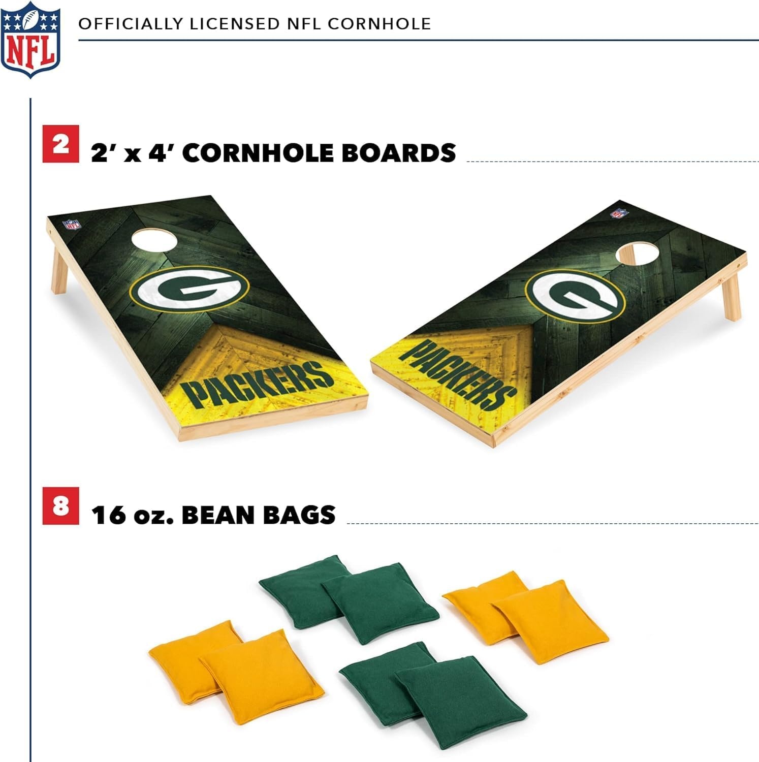 NFL Football 2′ x 4′ Regulation Size Solid Wood Cornhole Set with Direct Print HD Team Graphics Great Gift for Any Football Fan  Bean Bag Toss Family Outdoor Game(Green Bay Packers)