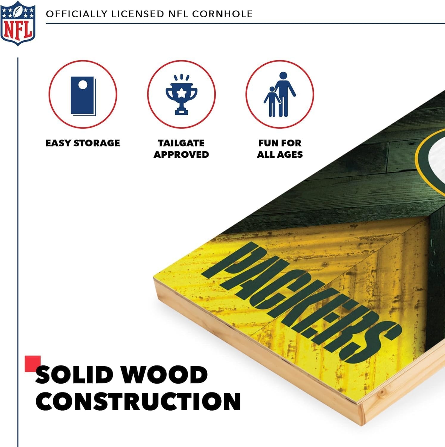 NFL Football 2′ x 4′ Regulation Size Solid Wood Cornhole Set with Direct Print HD Team Graphics Great Gift for Any Football Fan  Bean Bag Toss Family Outdoor Game(Green Bay Packers)
