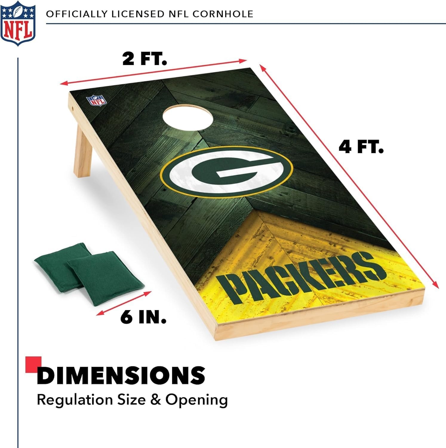 NFL Football 2′ x 4′ Regulation Size Solid Wood Cornhole Set with Direct Print HD Team Graphics Great Gift for Any Football Fan  Bean Bag Toss Family Outdoor Game(Green Bay Packers)