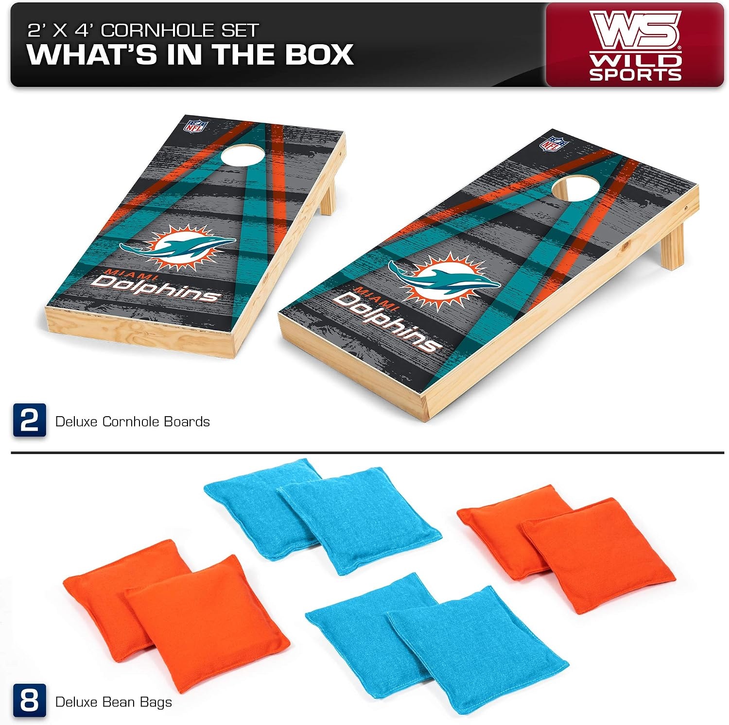 NFL Pro Football 2′ x 4′ Wood Direct Print Tournament Cornhole Set by Wild Sports, Comes with 8 Bean Bags – Perfect for Tailgate, Outdoor, Backyard(Miami Dolphins)