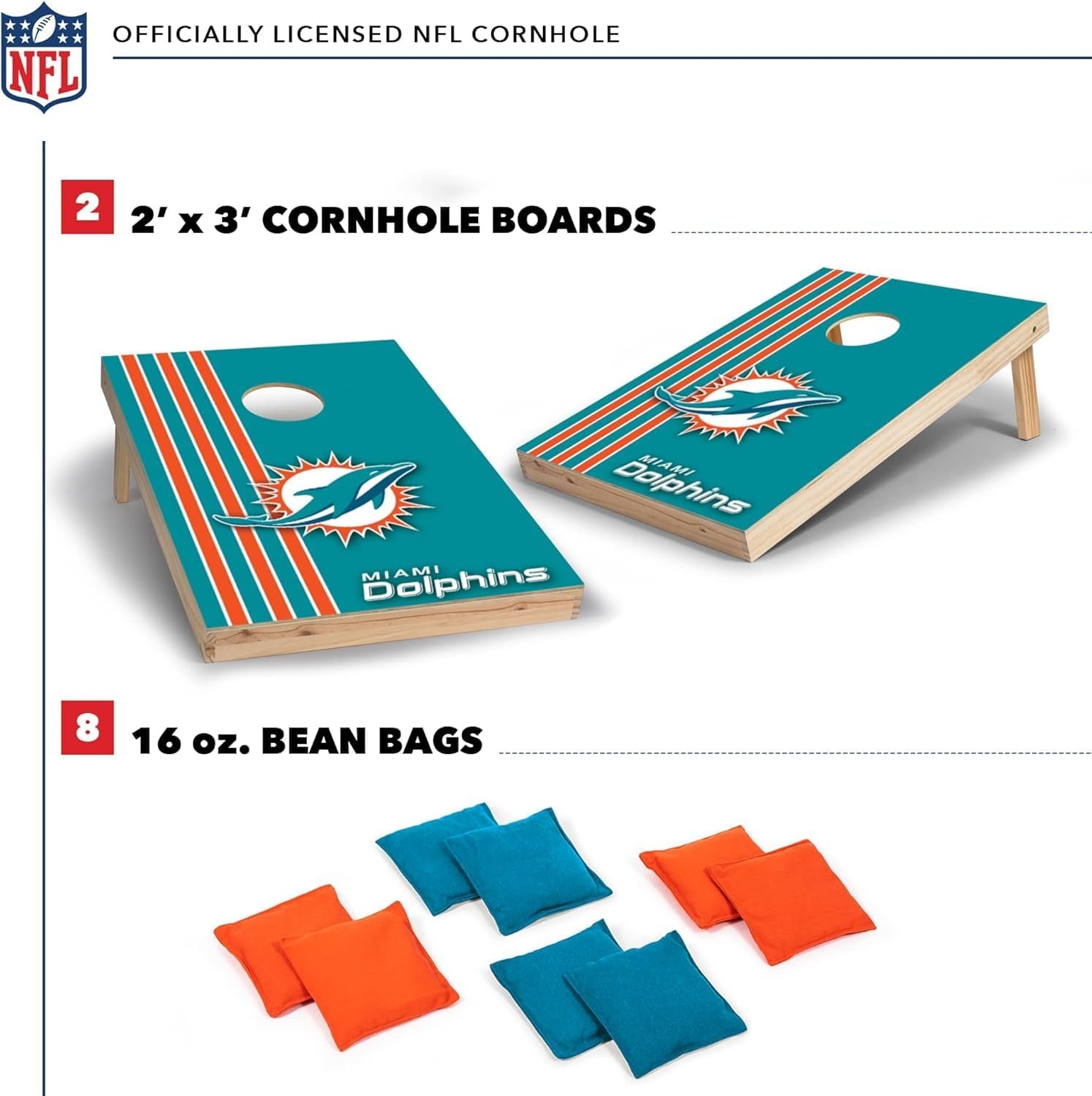 NFL 2′ x 3′ Solid Wood Cornhole Set with Direct Print HD Team Graphics – Great Gift for Any Football Fan  Bean Bag Toss Family Outdoor Games(Miami Dolphins)