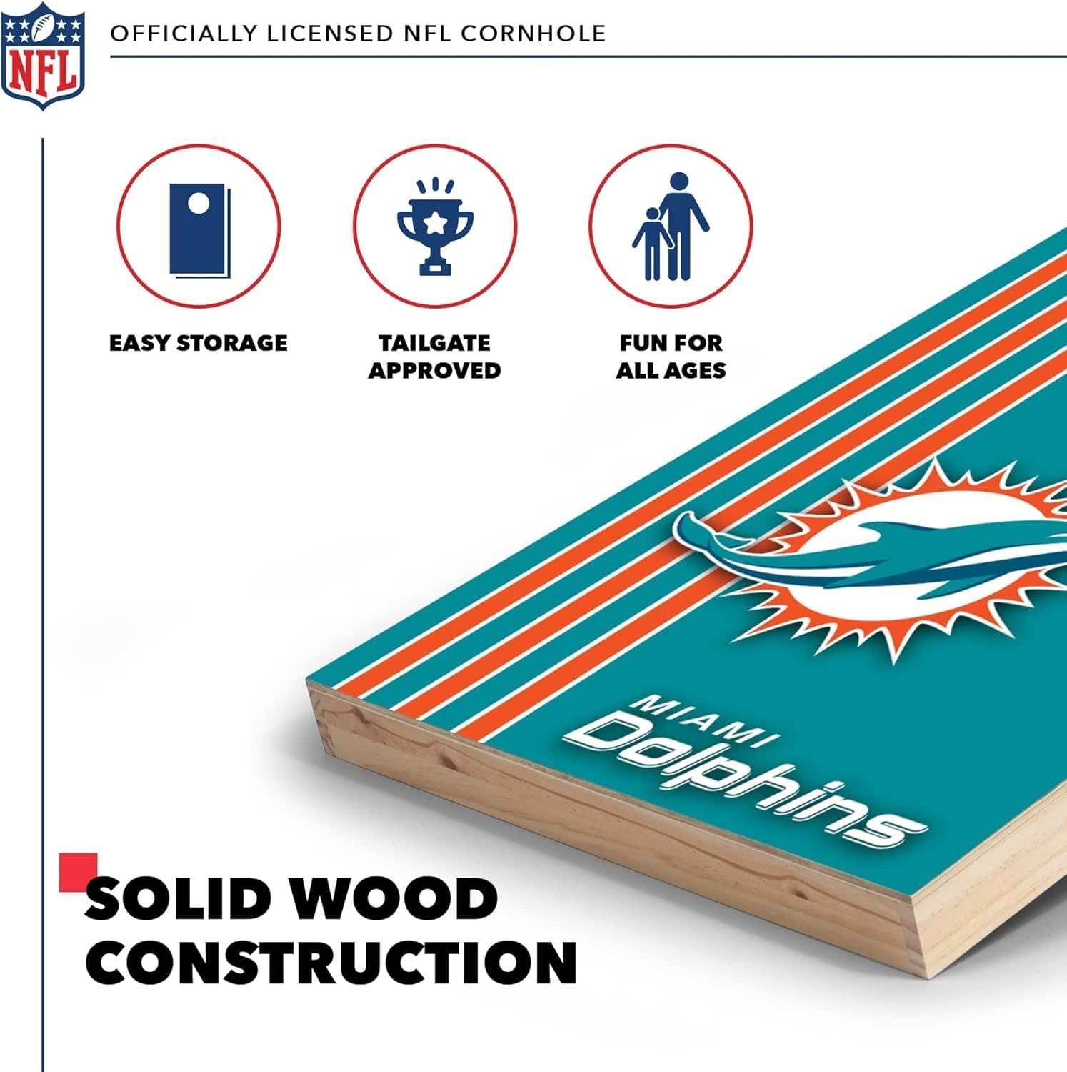 NFL 2′ x 3′ Solid Wood Cornhole Set with Direct Print HD Team Graphics – Great Gift for Any Football Fan  Bean Bag Toss Family Outdoor Games(Miami Dolphins)