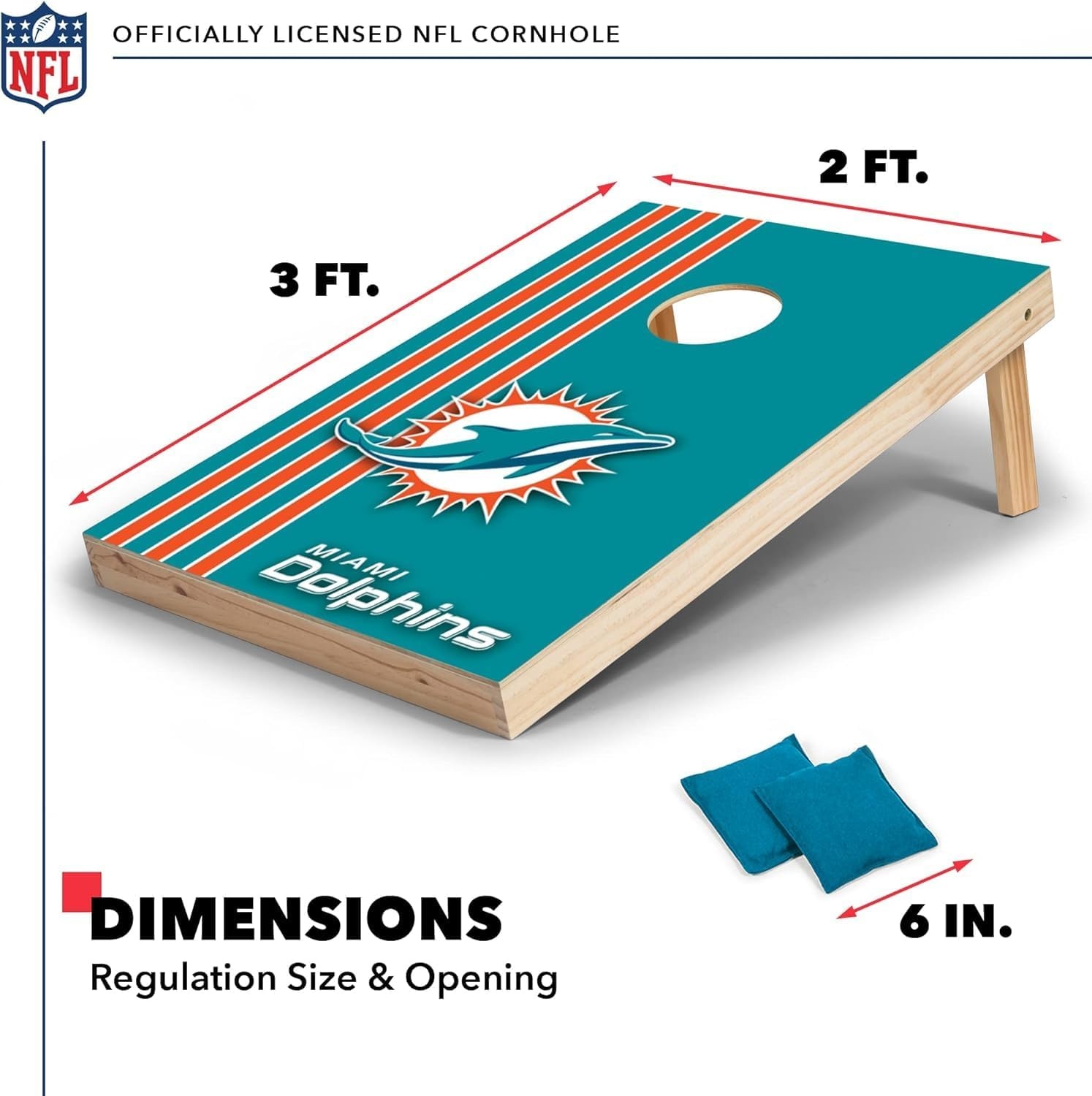 NFL 2′ x 3′ Solid Wood Cornhole Set with Direct Print HD Team Graphics – Great Gift for Any Football Fan  Bean Bag Toss Family Outdoor Games(Miami Dolphins)