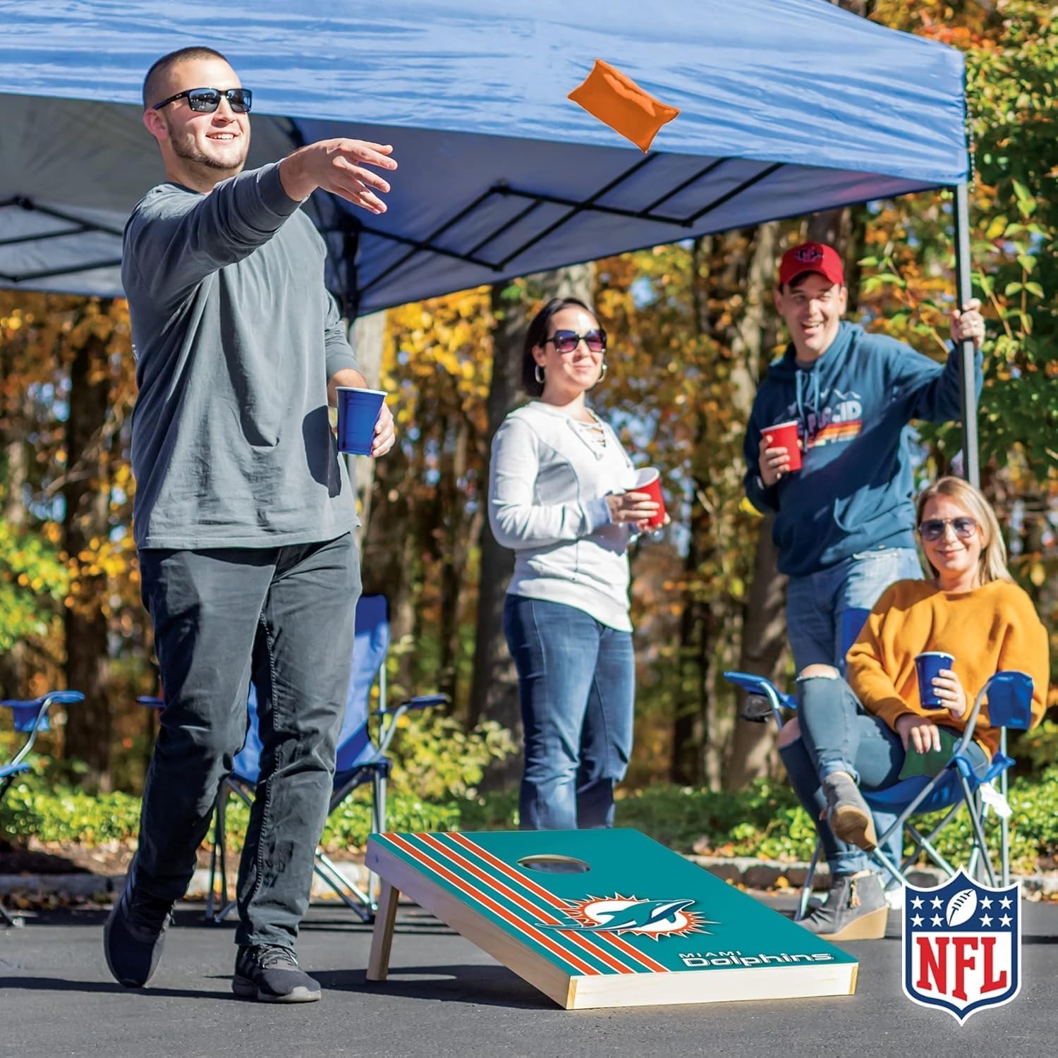 NFL 2′ x 3′ Solid Wood Cornhole Set with Direct Print HD Team Graphics – Great Gift for Any Football Fan  Bean Bag Toss Family Outdoor Games(Miami Dolphins)