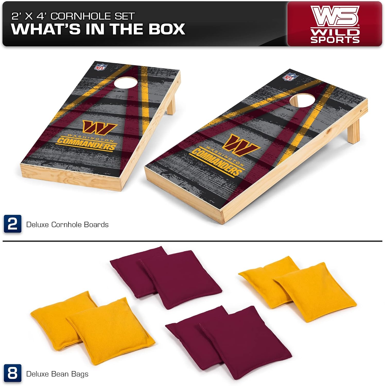 NFL Pro Football 2′ x 4′ Wood Direct Print Tournament Cornhole Set by Wild Sports, Comes with 8 Bean Bags – Perfect for Tailgate, Outdoor, Backyard(Washington Commanders)