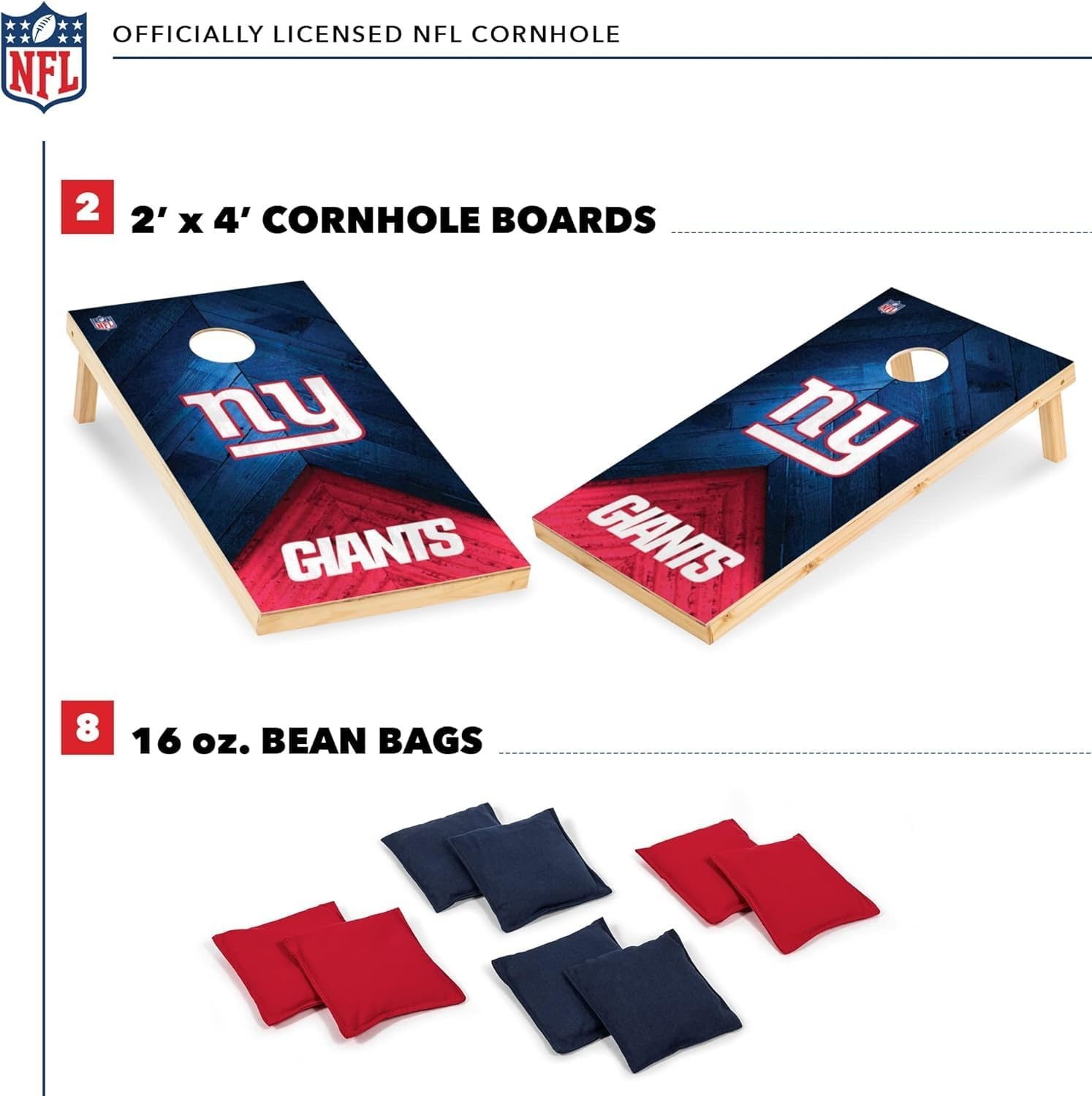 NFL Football 2′ x 4′ Regulation Size Solid Wood Cornhole Set with Direct Print HD Team Graphics Great Gift for Any Football Fan  Bean Bag Toss Family Outdoor Game(New York Giants)
