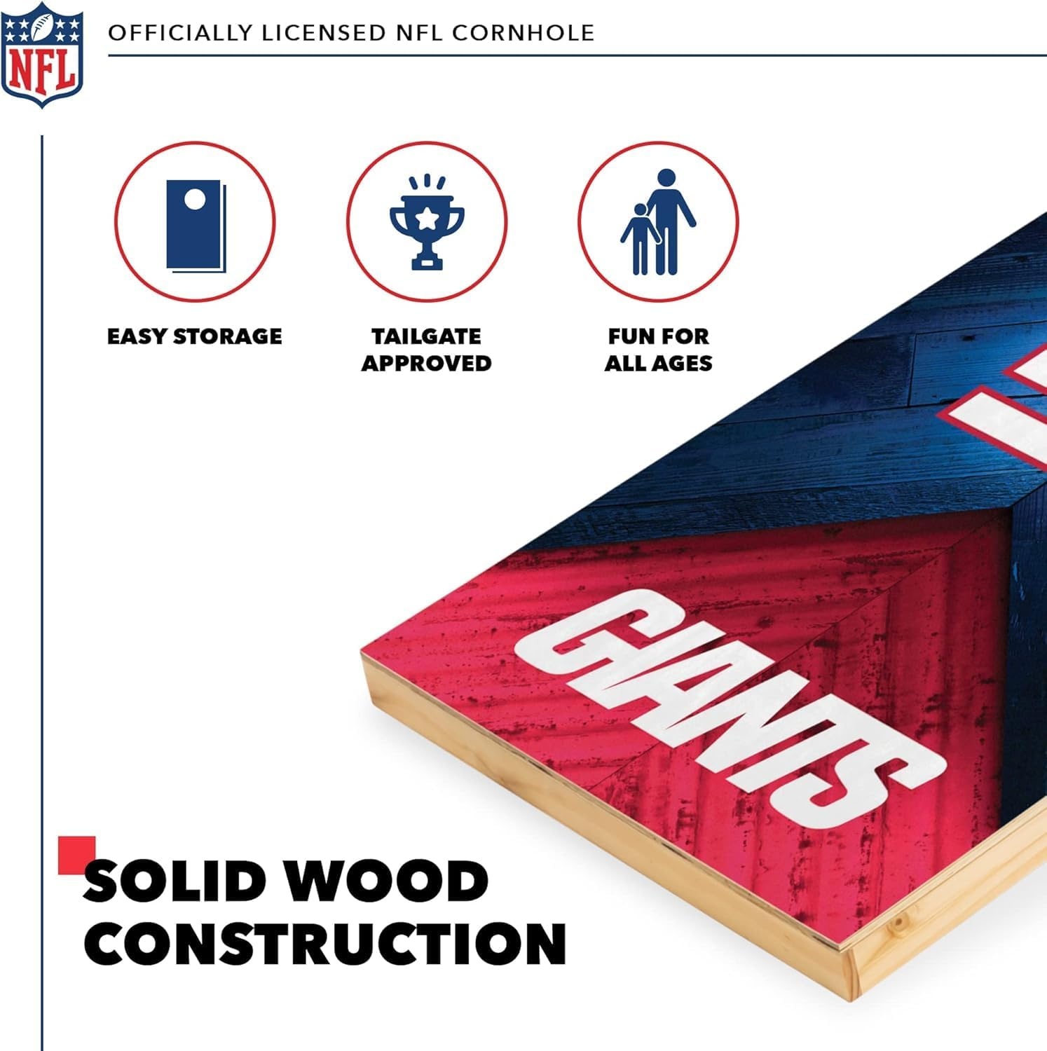 NFL Football 2′ x 4′ Regulation Size Solid Wood Cornhole Set with Direct Print HD Team Graphics Great Gift for Any Football Fan  Bean Bag Toss Family Outdoor Game(New York Giants)