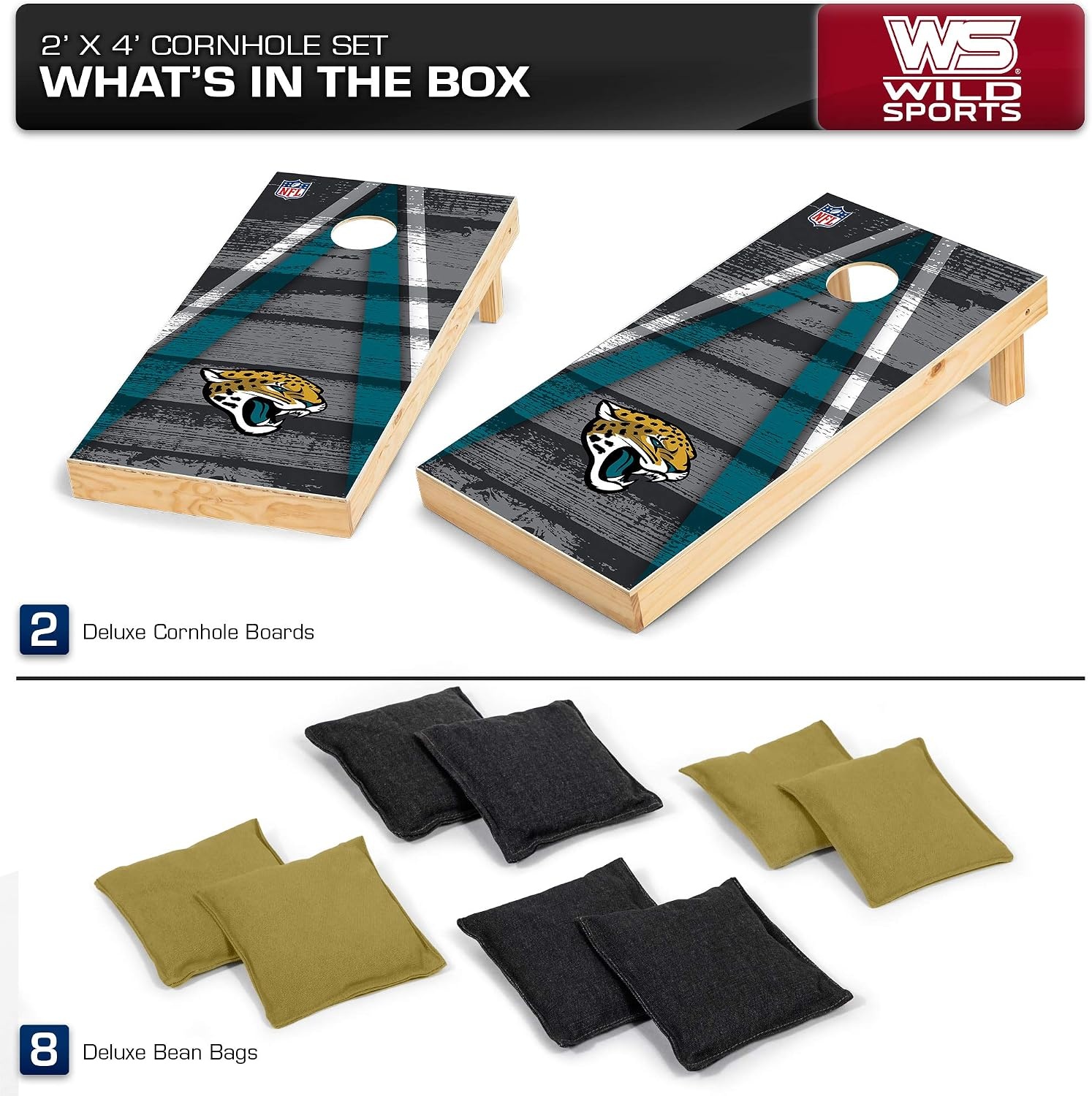 NFL Pro Football 2′ x 4′ Wood Direct Print Tournament Cornhole Set by Wild Sports, Comes with 8 Bean Bags – Perfect for Tailgate, Outdoor, Backyard(Jacksonville Jaguars)
