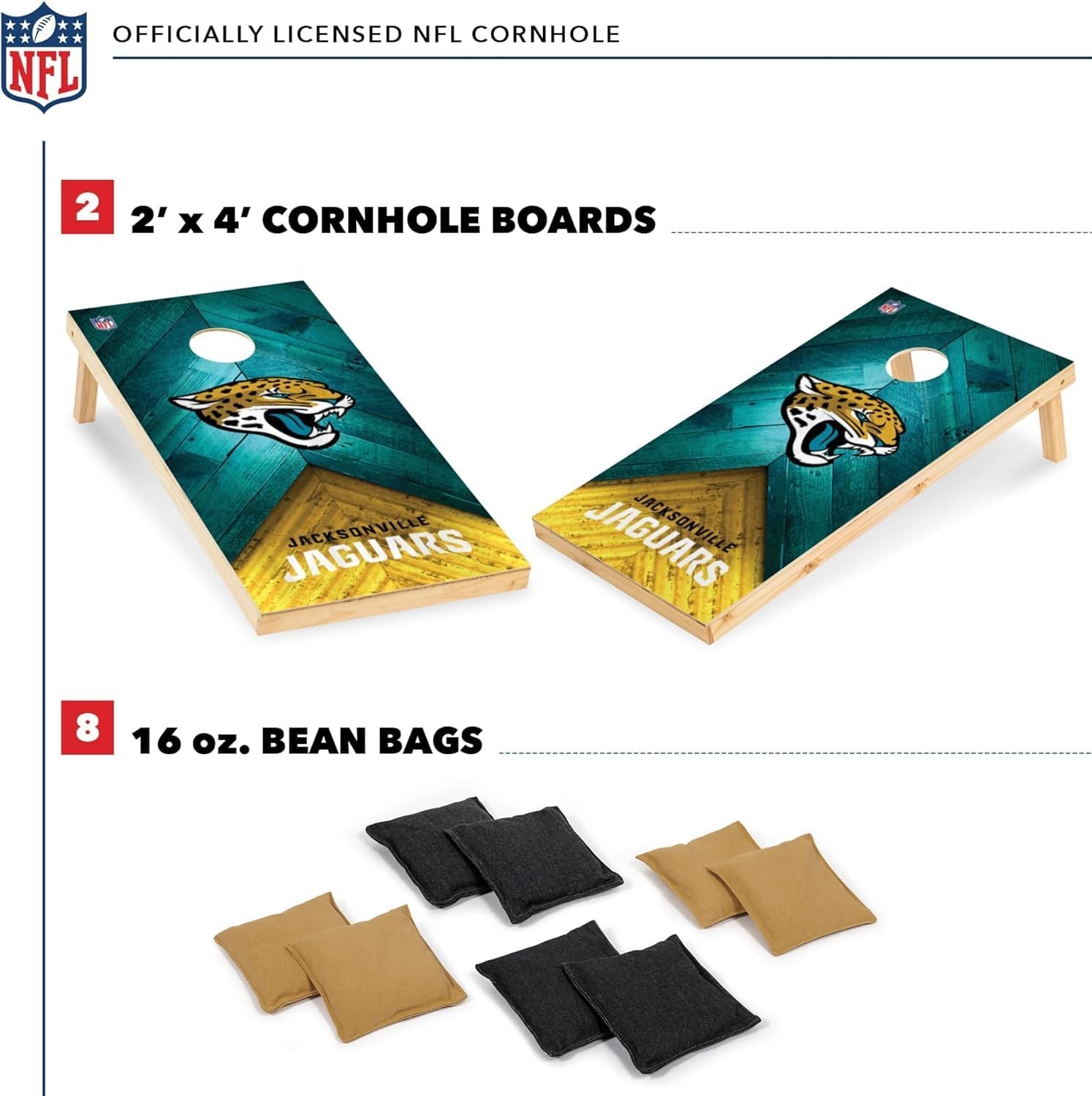 NFL Football 2′ x 4′ Regulation Size Solid Wood Cornhole Set with Direct Print HD Team Graphics Great Gift for Any Football Fan  Bean Bag Toss Family Outdoor Game(Jacksonville Jaguars)