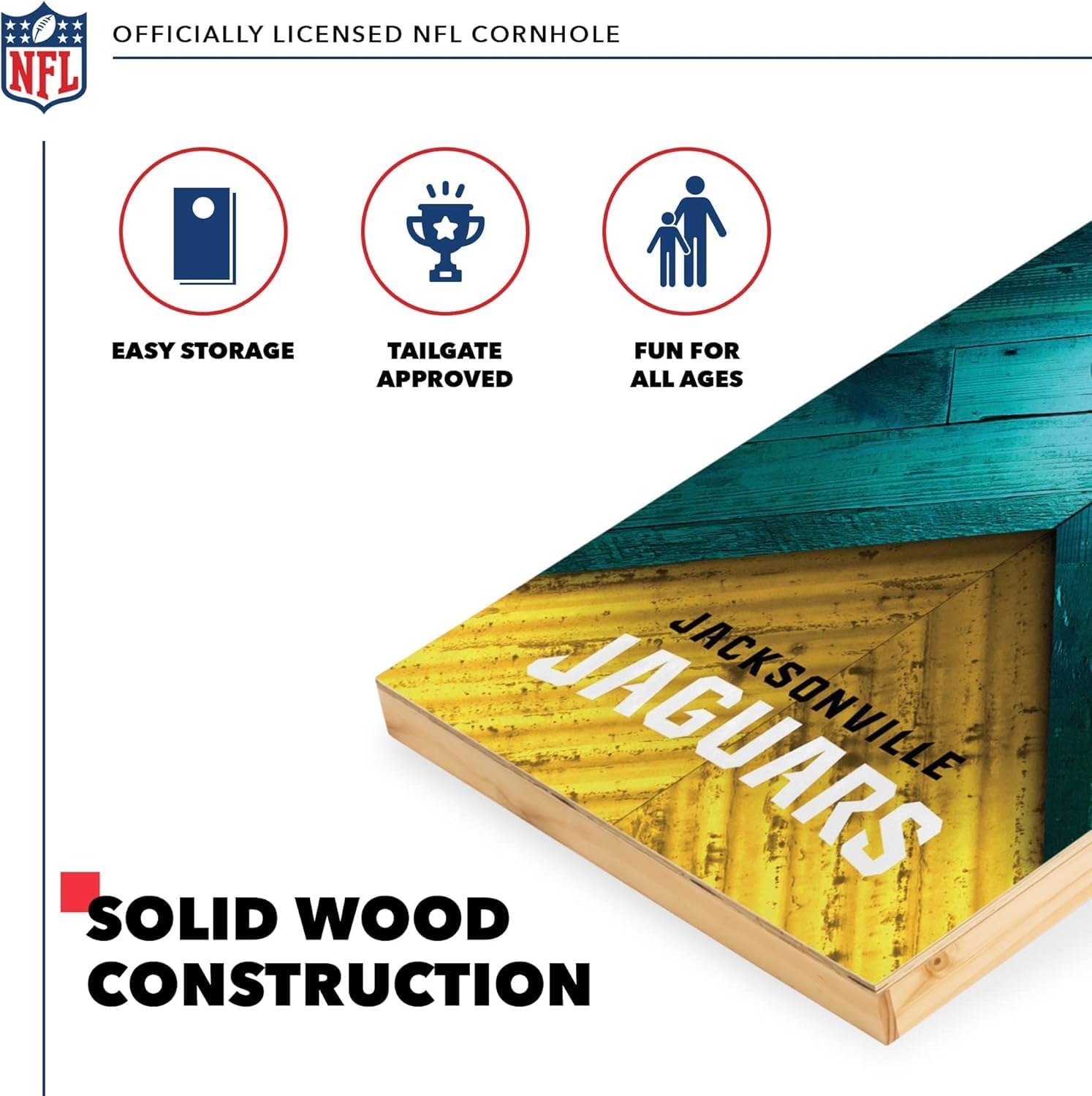NFL Football 2′ x 4′ Regulation Size Solid Wood Cornhole Set with Direct Print HD Team Graphics Great Gift for Any Football Fan  Bean Bag Toss Family Outdoor Game(Jacksonville Jaguars)