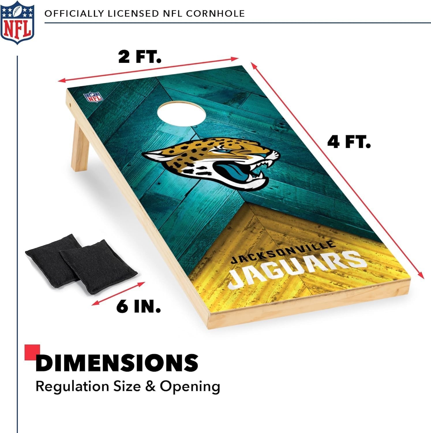 NFL Football 2′ x 4′ Regulation Size Solid Wood Cornhole Set with Direct Print HD Team Graphics Great Gift for Any Football Fan  Bean Bag Toss Family Outdoor Game(Jacksonville Jaguars)