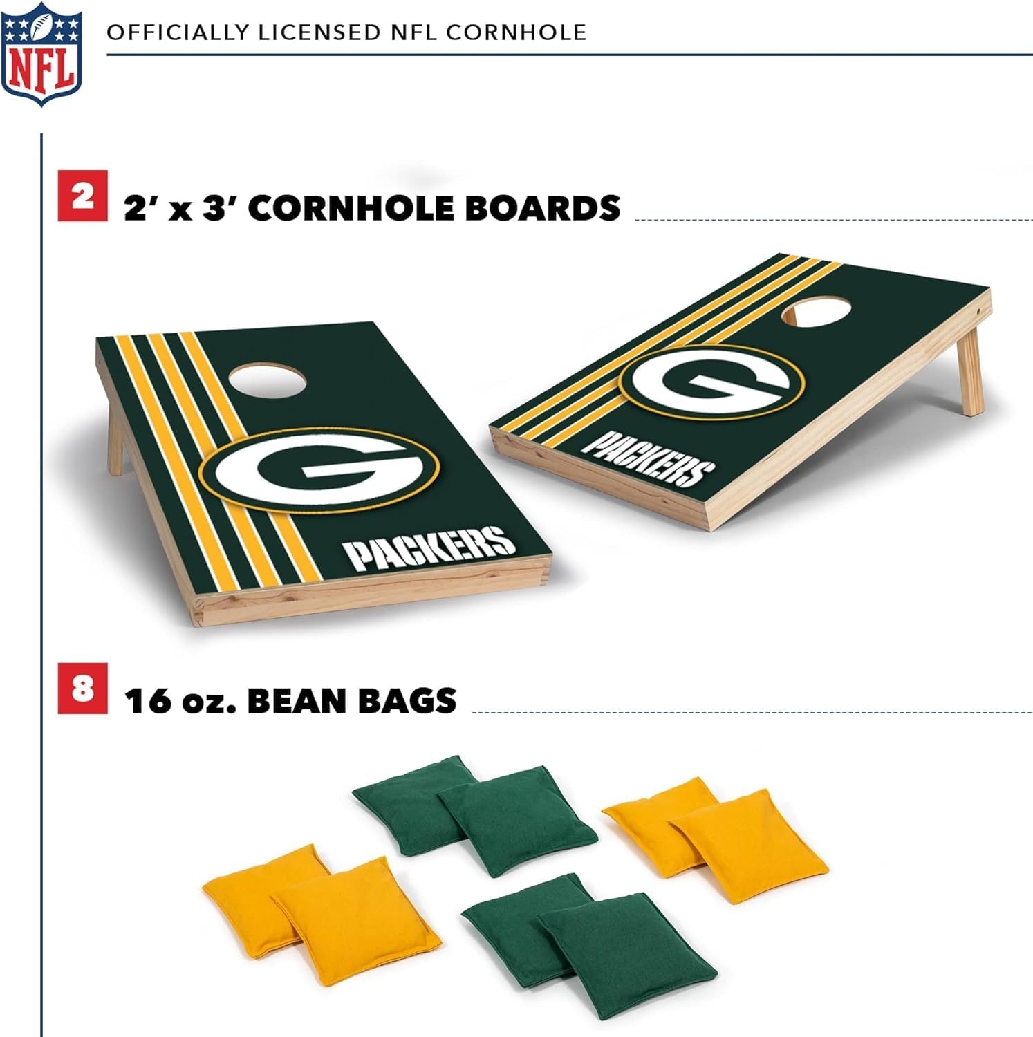 NFL 2′ x 3′ Solid Wood Cornhole Set with Direct Print HD Team Graphics – Great Gift for Any Football Fan  Bean Bag Toss Family Outdoor Games(Green Bay Packers)