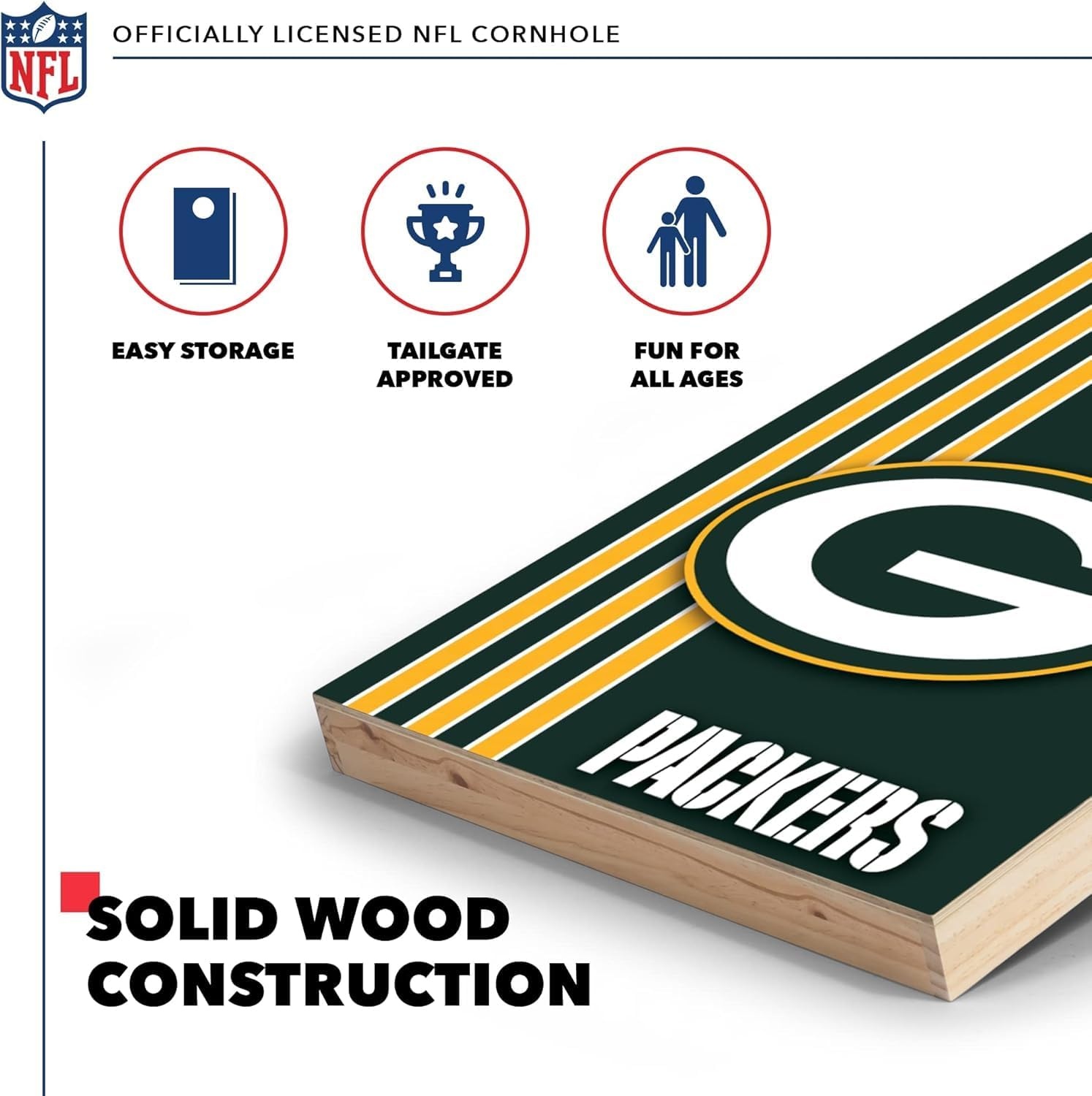 NFL 2′ x 3′ Solid Wood Cornhole Set with Direct Print HD Team Graphics – Great Gift for Any Football Fan  Bean Bag Toss Family Outdoor Games(Green Bay Packers)