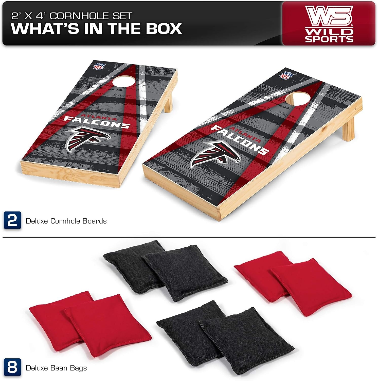 NFL Pro Football 2′ x 4′ Wood Direct Print Tournament Cornhole Set by Wild Sports, Comes with 8 Bean Bags – Perfect for Tailgate, Outdoor, Backyard(Atlanta Falcons)