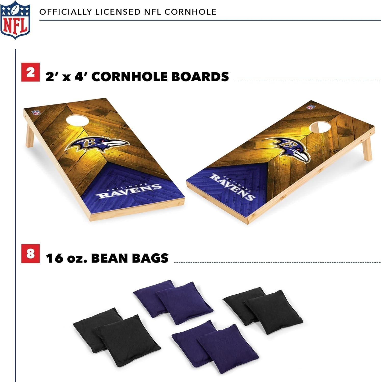 NFL Football 2′ x 4′ Regulation Size Solid Wood Cornhole Set with Direct Print HD Team Graphics Great Gift for Any Football Fan  Bean Bag Toss Family Outdoor Game(Baltimore Ravens)