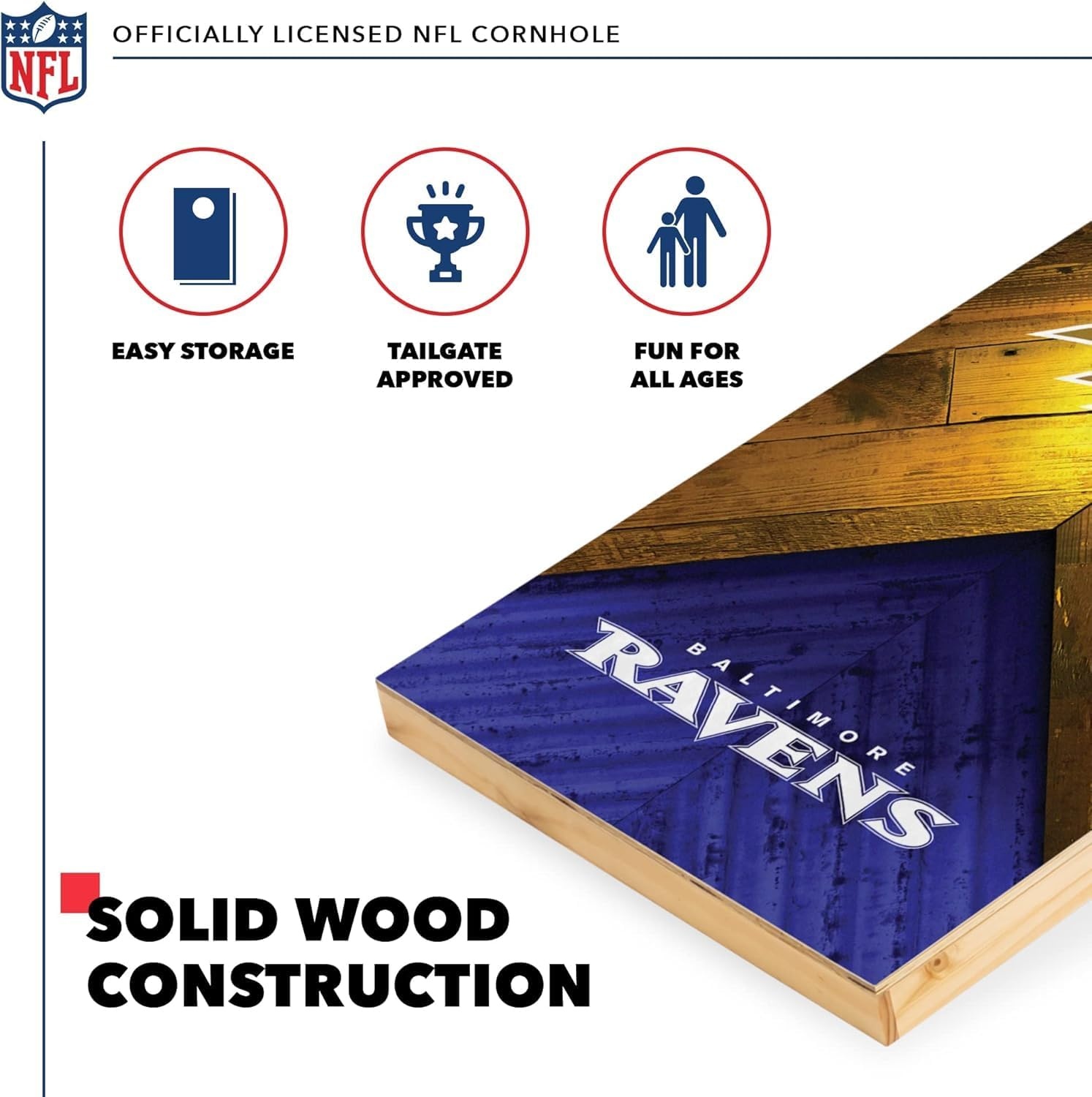 NFL Football 2′ x 4′ Regulation Size Solid Wood Cornhole Set with Direct Print HD Team Graphics Great Gift for Any Football Fan  Bean Bag Toss Family Outdoor Game(Baltimore Ravens)