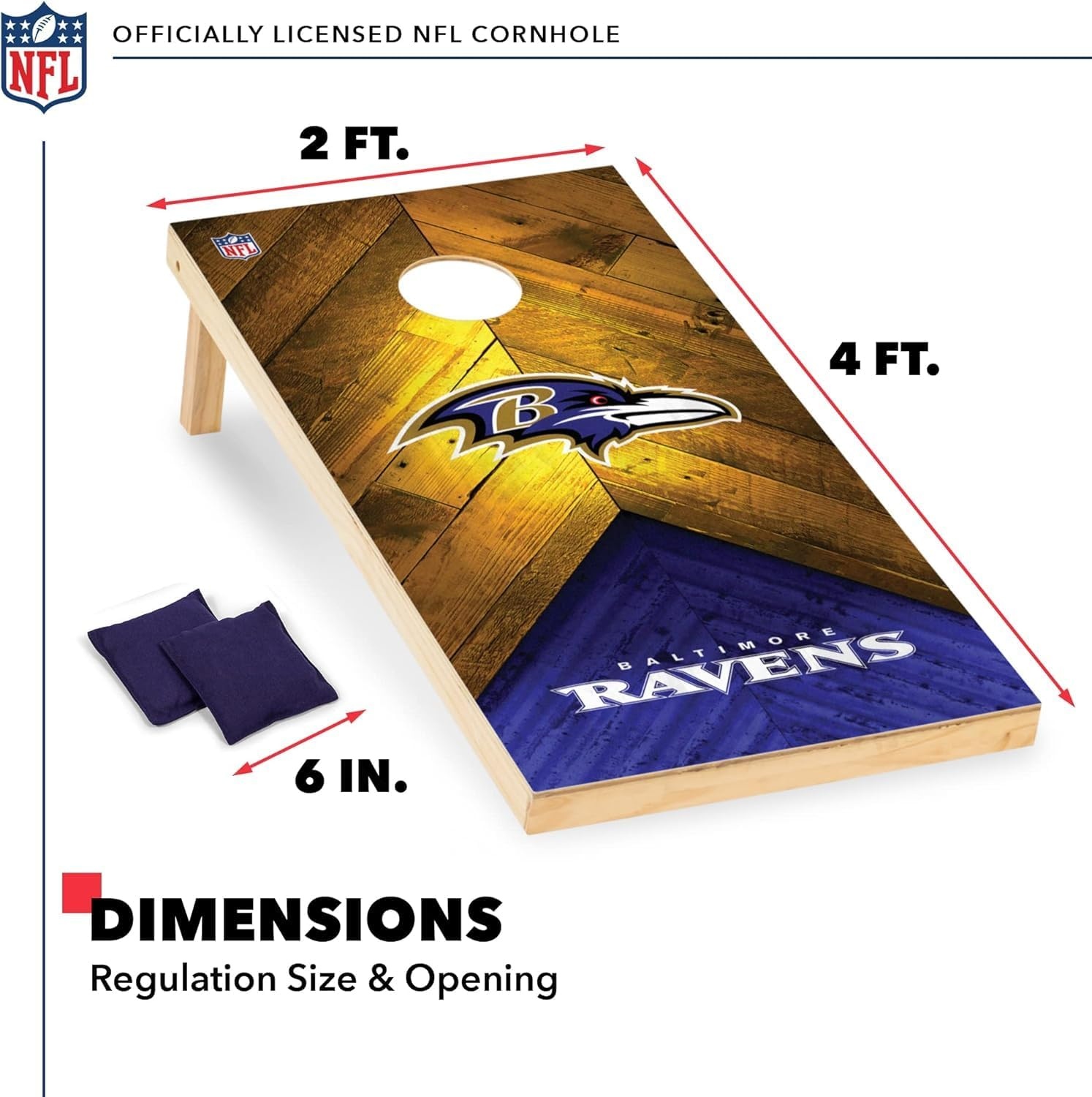 NFL Football 2′ x 4′ Regulation Size Solid Wood Cornhole Set with Direct Print HD Team Graphics Great Gift for Any Football Fan  Bean Bag Toss Family Outdoor Game(Baltimore Ravens)