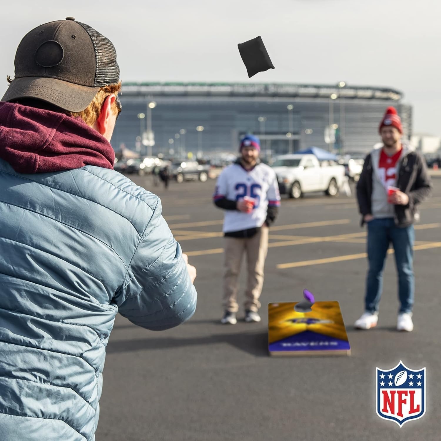 NFL Football 2′ x 4′ Regulation Size Solid Wood Cornhole Set with Direct Print HD Team Graphics Great Gift for Any Football Fan  Bean Bag Toss Family Outdoor Game(Baltimore Ravens)