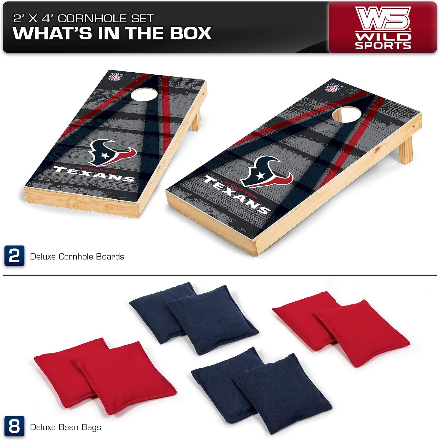 NFL Pro Football 2′ x 4′ Wood Direct Print Tournament Cornhole Set by Wild Sports, Comes with 8 Bean Bags – Perfect for Tailgate, Outdoor, Backyard(Houston Texans)