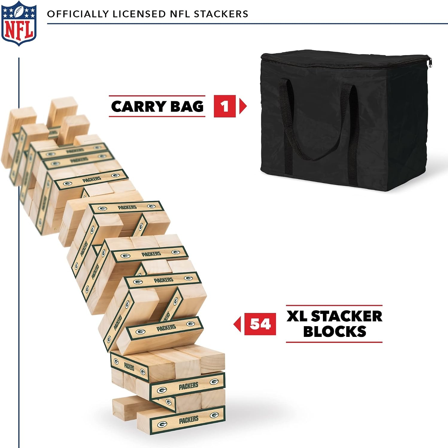 Wild Sports NFL Giant Stacking Wooden Blocks – Tumbling Tower Classic Family Game Stacks – Great Gift for Any Football Fan (Green Bay Packers)