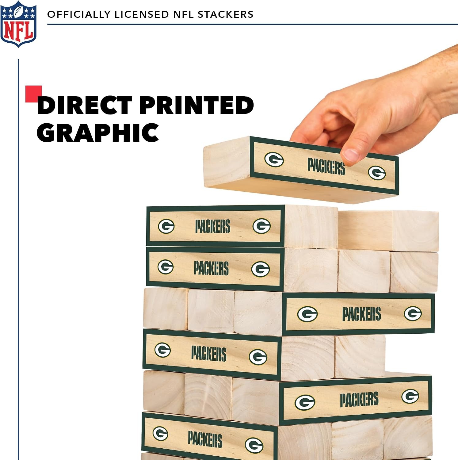 Wild Sports NFL Giant Stacking Wooden Blocks – Tumbling Tower Classic Family Game Stacks – Great Gift for Any Football Fan (Green Bay Packers)