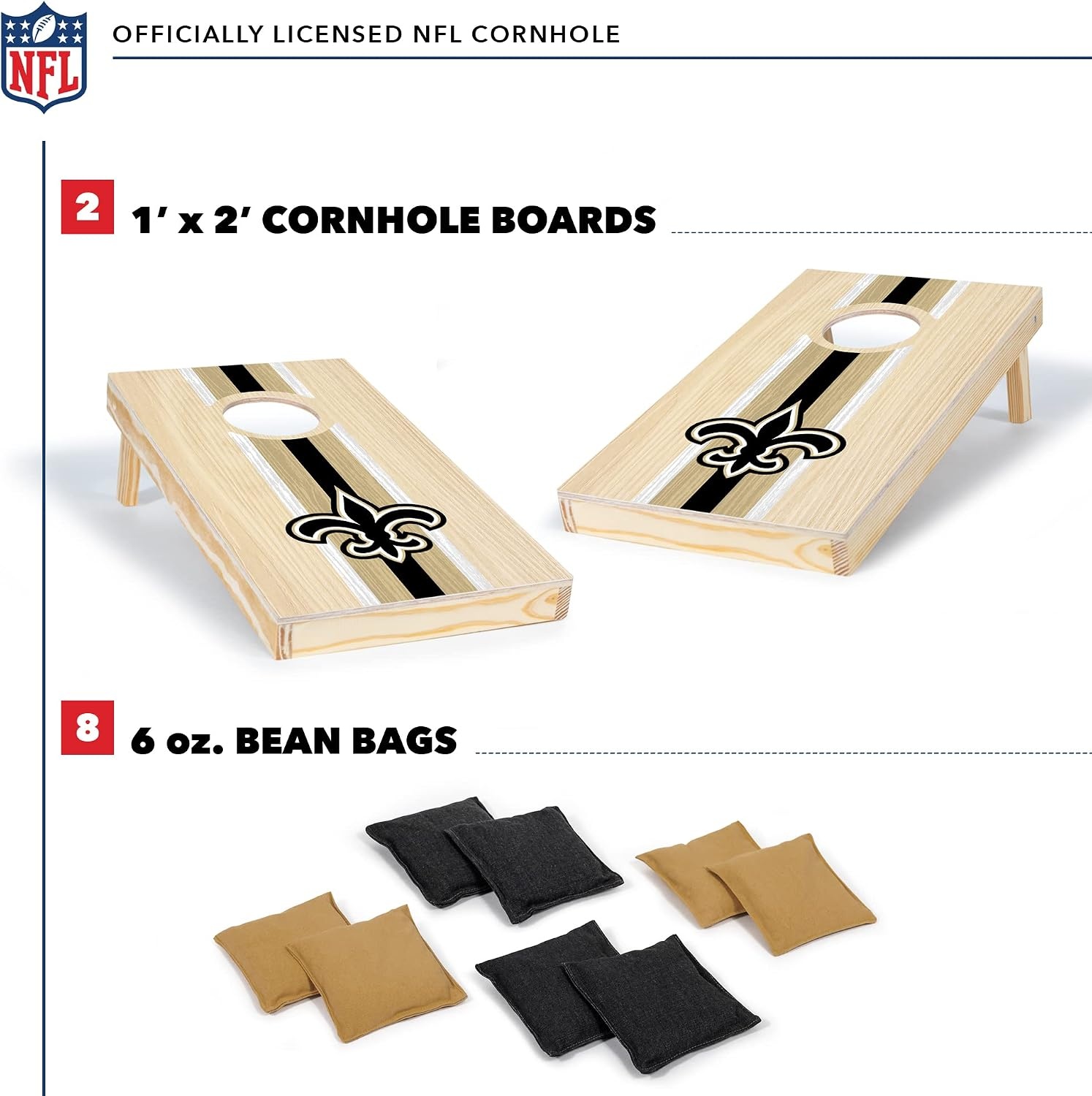 NFL Football Portable Size 1′ x 2′ Solid Wood Cornhole Set with Direct Print HD Team Graphics – Travel Size(New Orleans Saints)