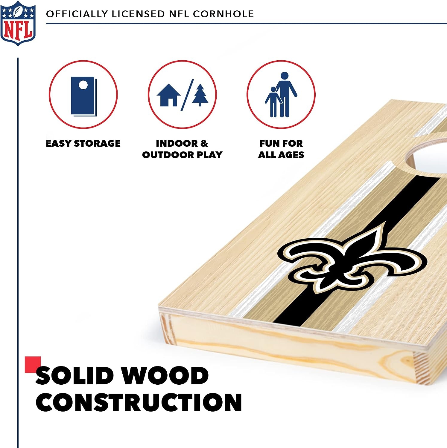 NFL Football Portable Size 1′ x 2′ Solid Wood Cornhole Set with Direct Print HD Team Graphics – Travel Size(New Orleans Saints)