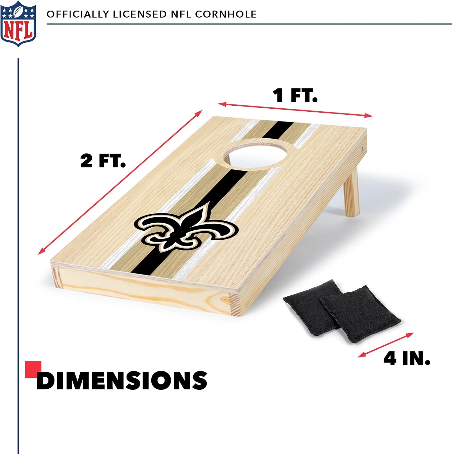 NFL Football Portable Size 1′ x 2′ Solid Wood Cornhole Set with Direct Print HD Team Graphics – Travel Size(New Orleans Saints)