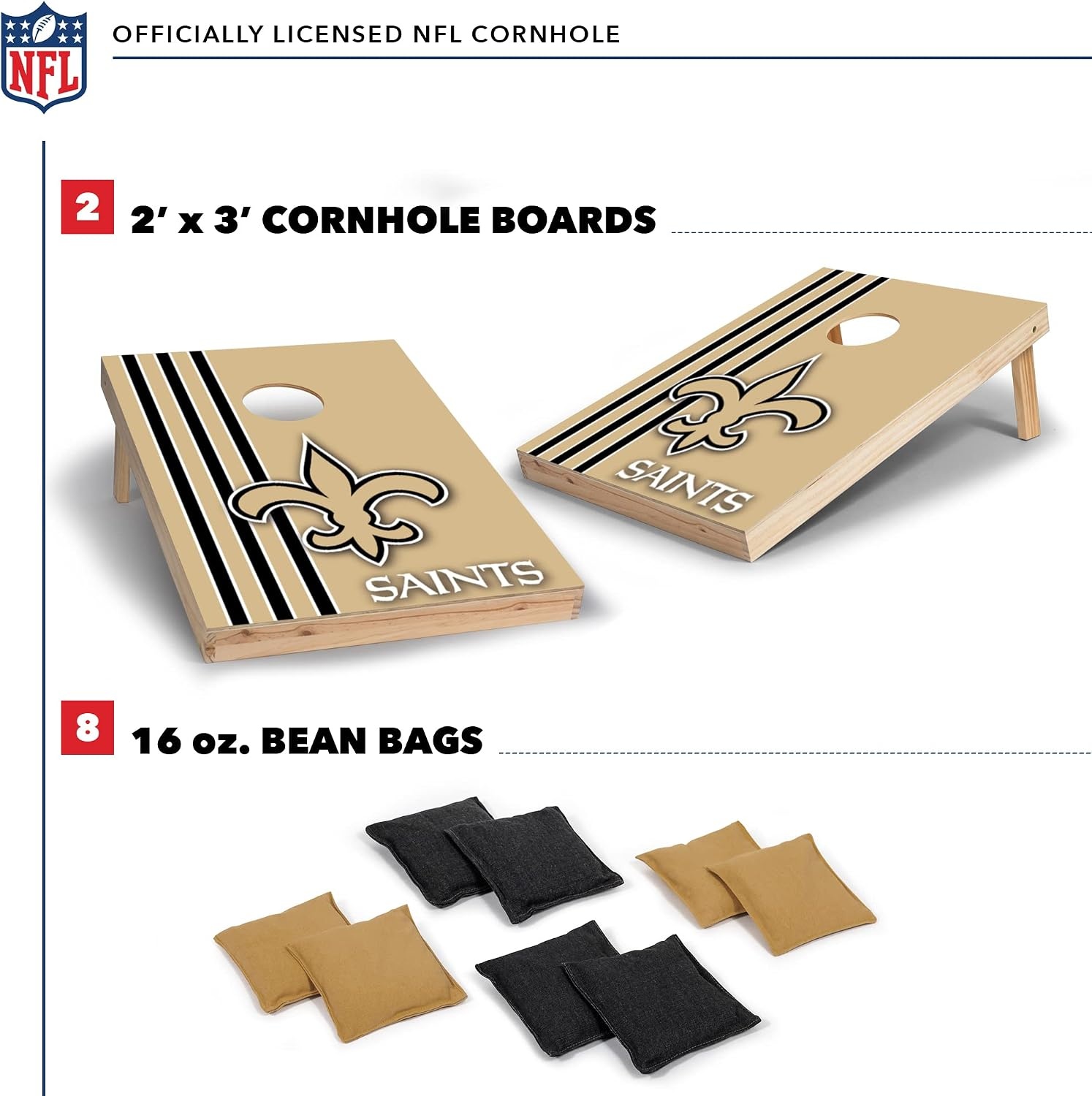 NFL 2′ x 3′ Solid Wood Cornhole Set with Direct Print HD Team Graphics – Great Gift for Any Football Fan  Bean Bag Toss Family Outdoor Games(New Orleans Saints)